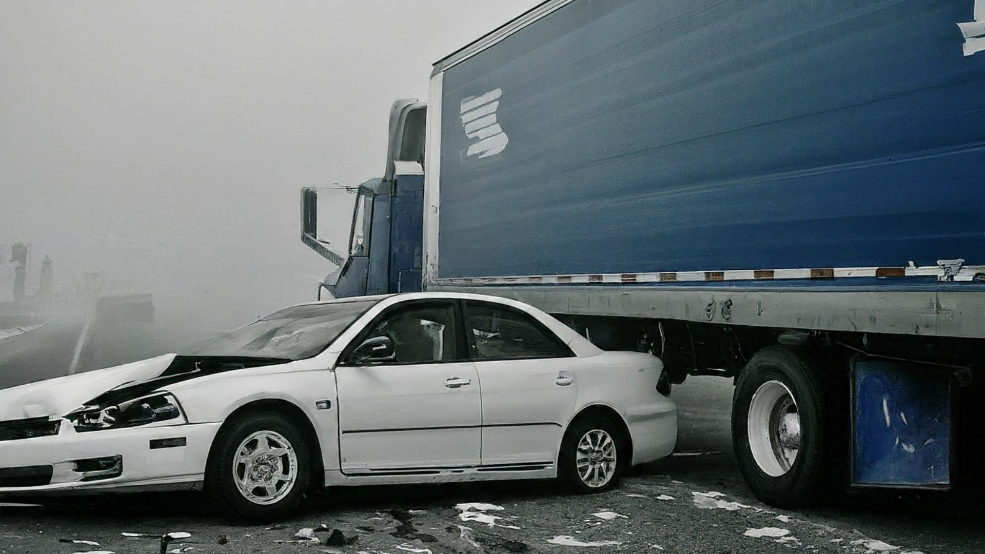A white sedan that has been hit by a blue semi truck on a foggy highway