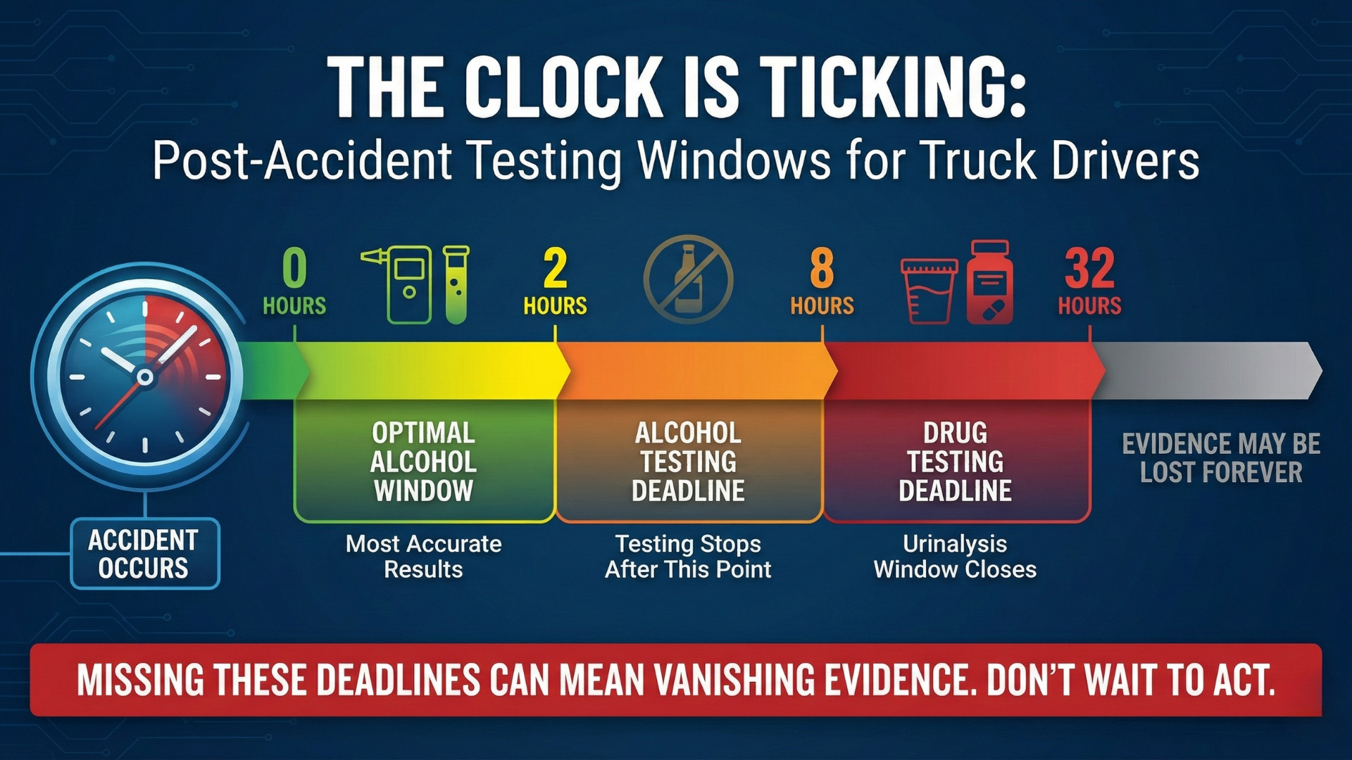 An infographic showing the timelines for drug and alcohol testing for truck drivers after an accident
