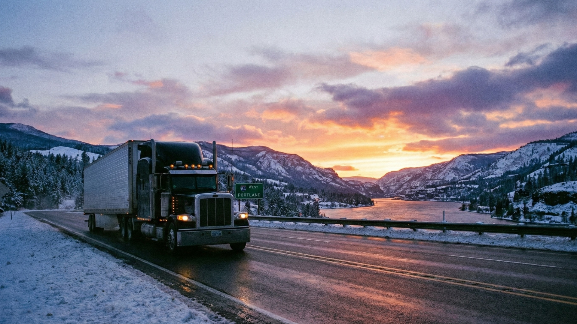 A semi truck driving on Interstate 84 along the Columbia River Gorge in Winter