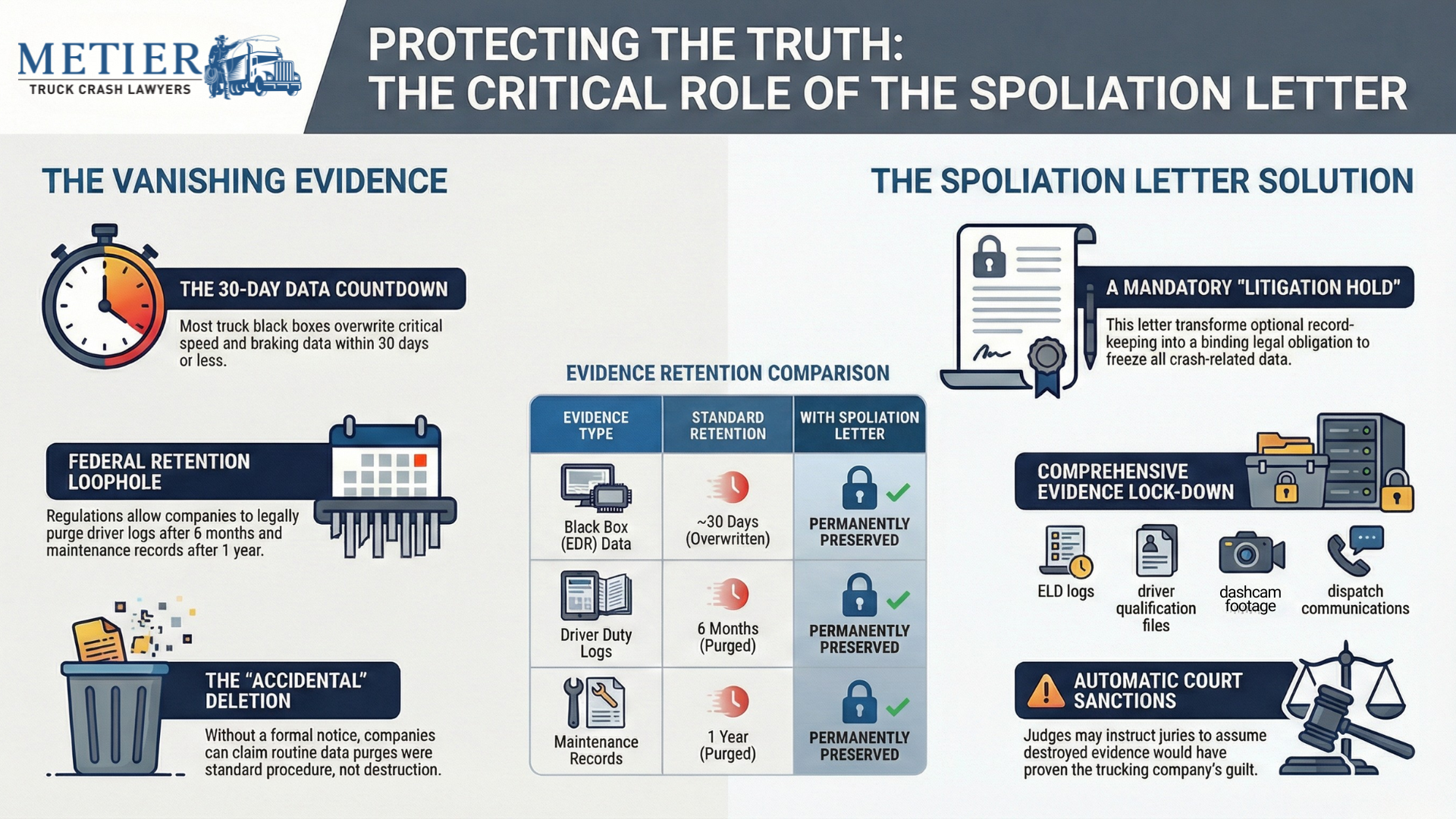 An infographic showing why spoliation letters are important for truck crash cases