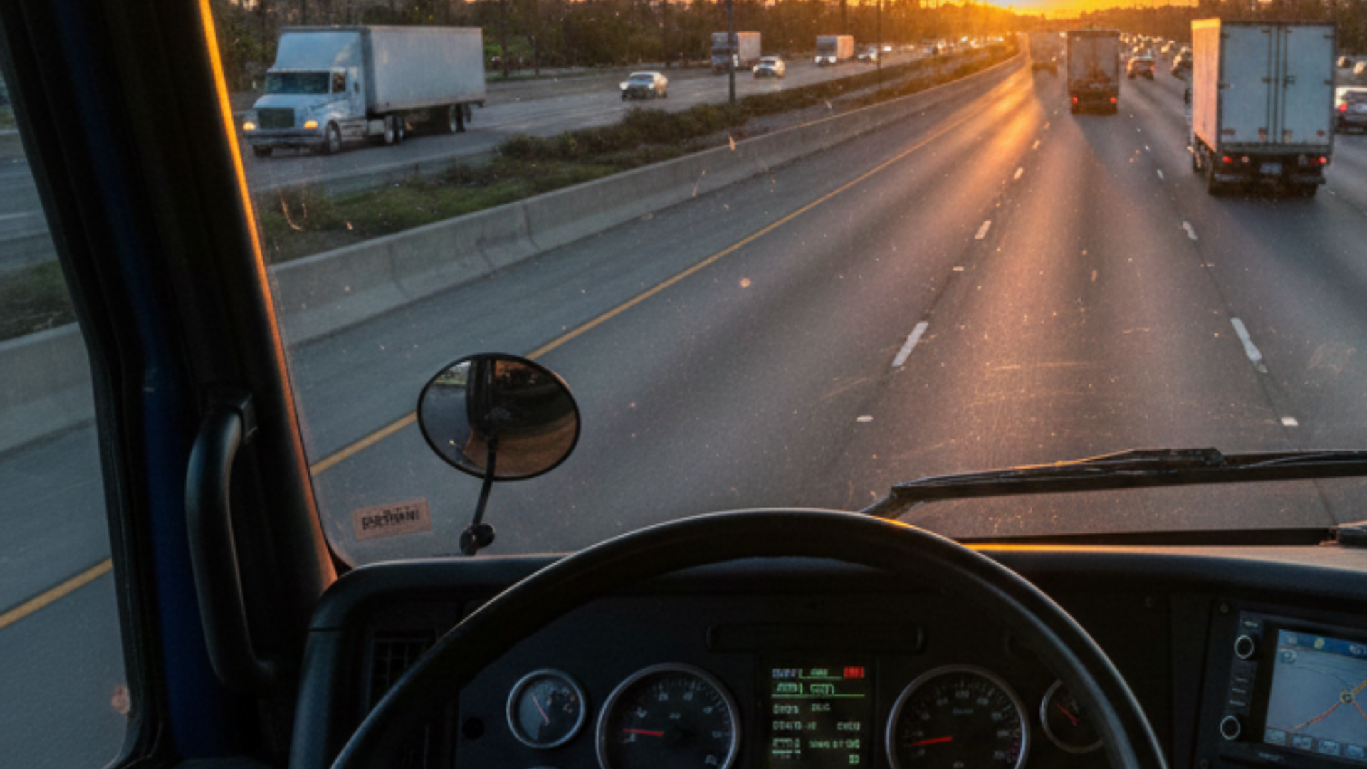 A picture of a semi truck driving down a highway from the driver's perspective