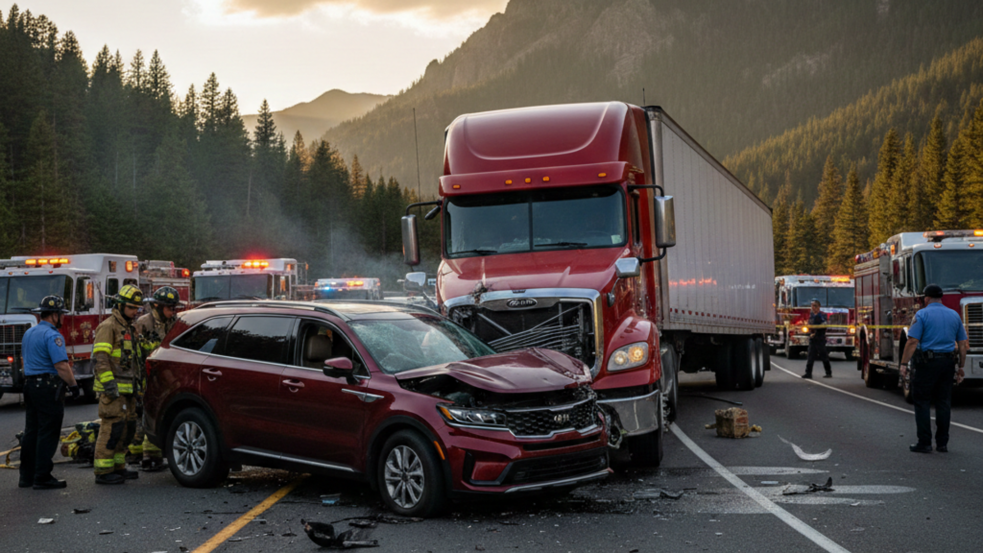 A semi truck that has hit a maroon SUV on a mountain highway surrounded by emergency responders