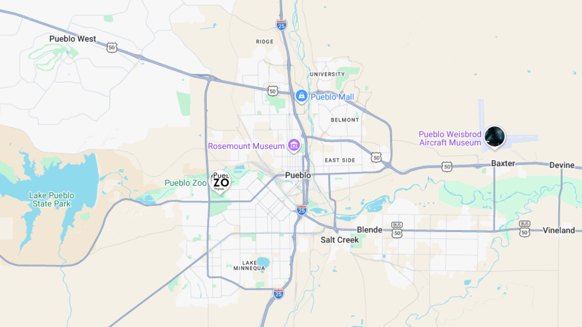 A map of the Pueblo, Colorado area