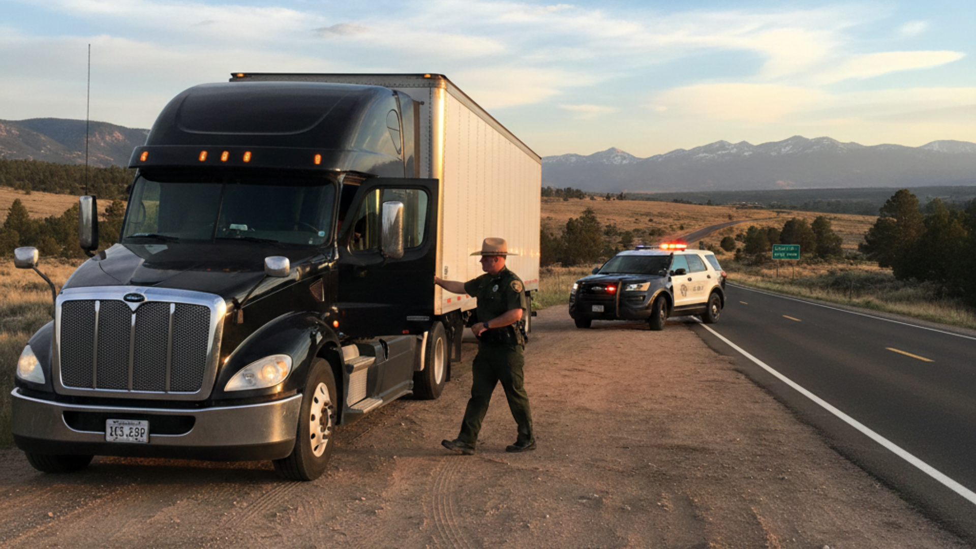 A state trooper that has pulled over a black semi truck on the side of a highway
