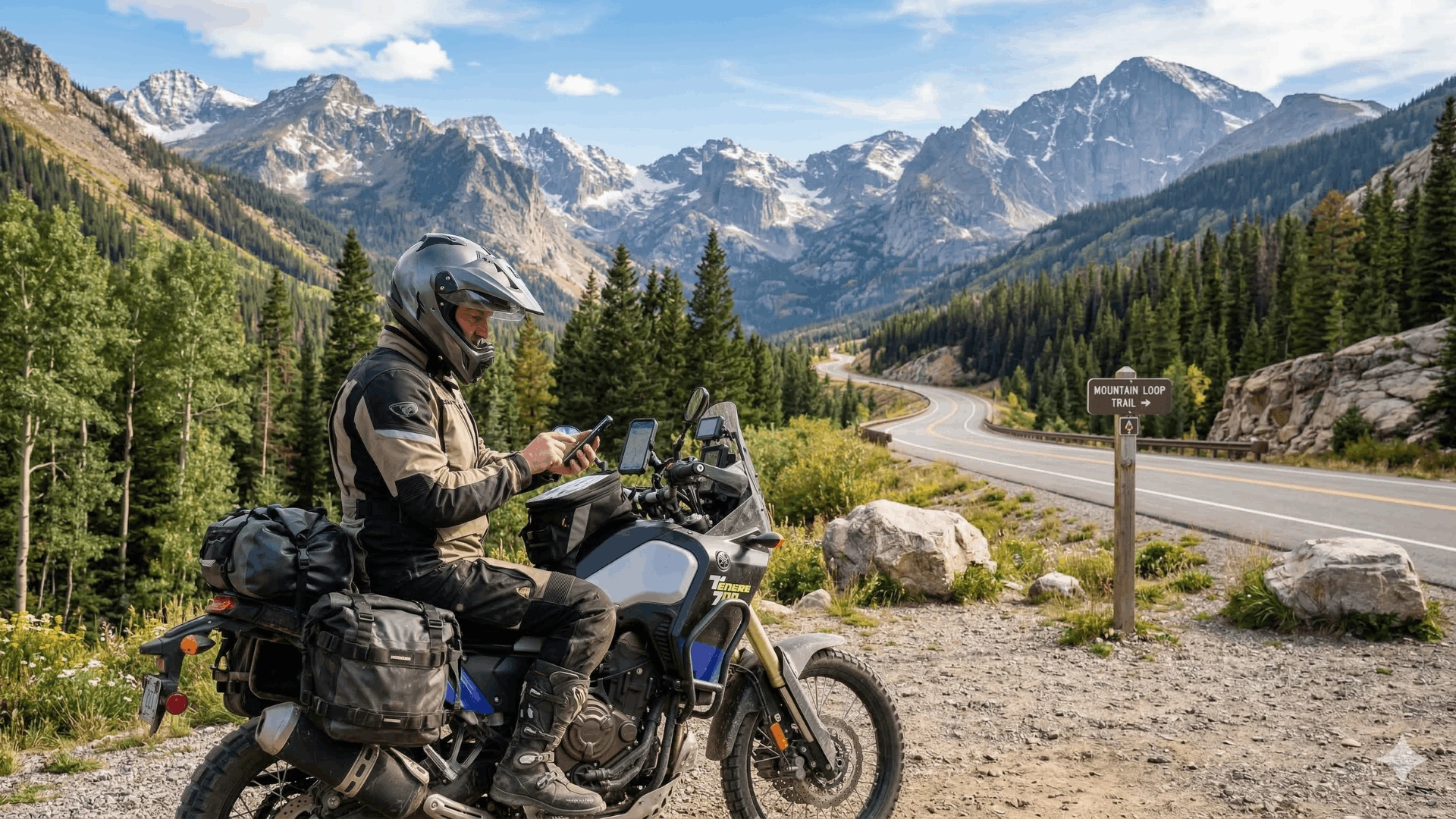 A motorcycle rider preparing for a trail ride in a remote mountain area
