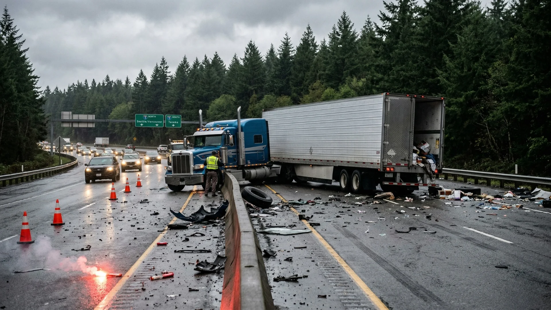 A semi truck crash on an interstate highway