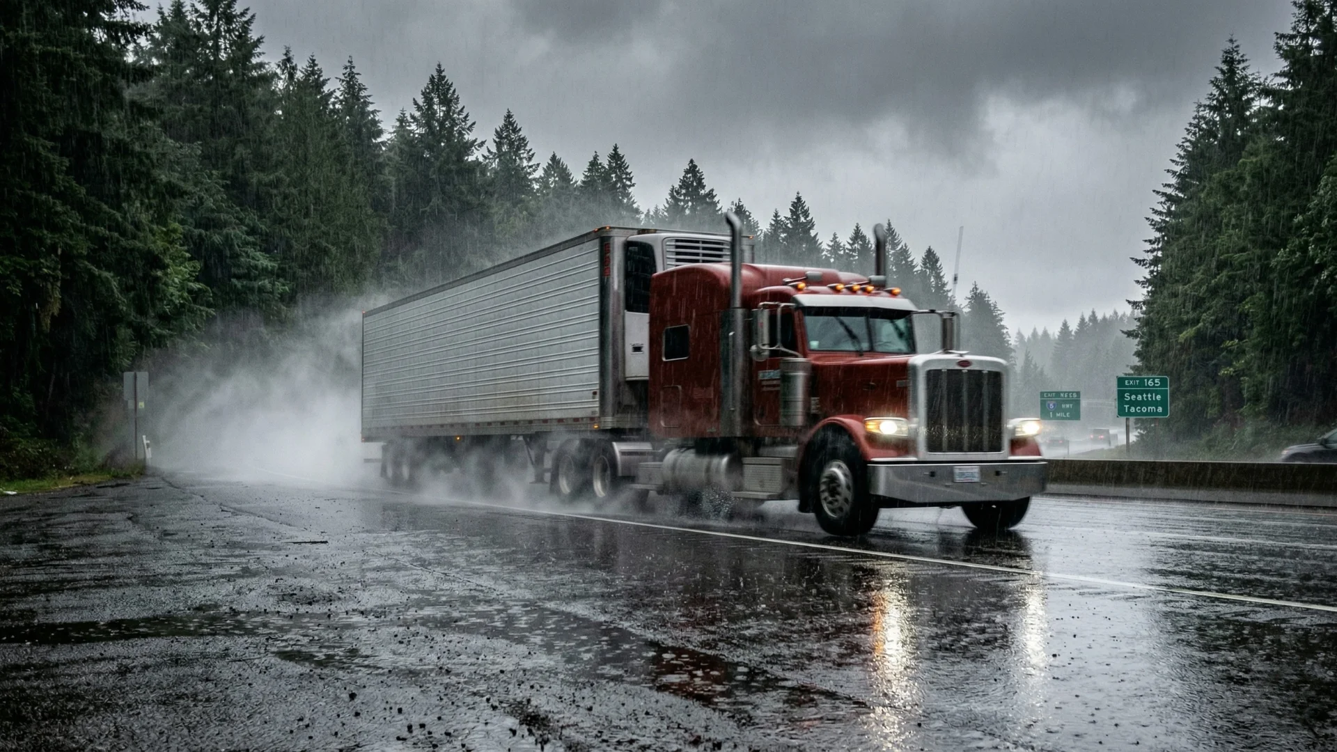 A semi driving in rainy conditions in Washington state
