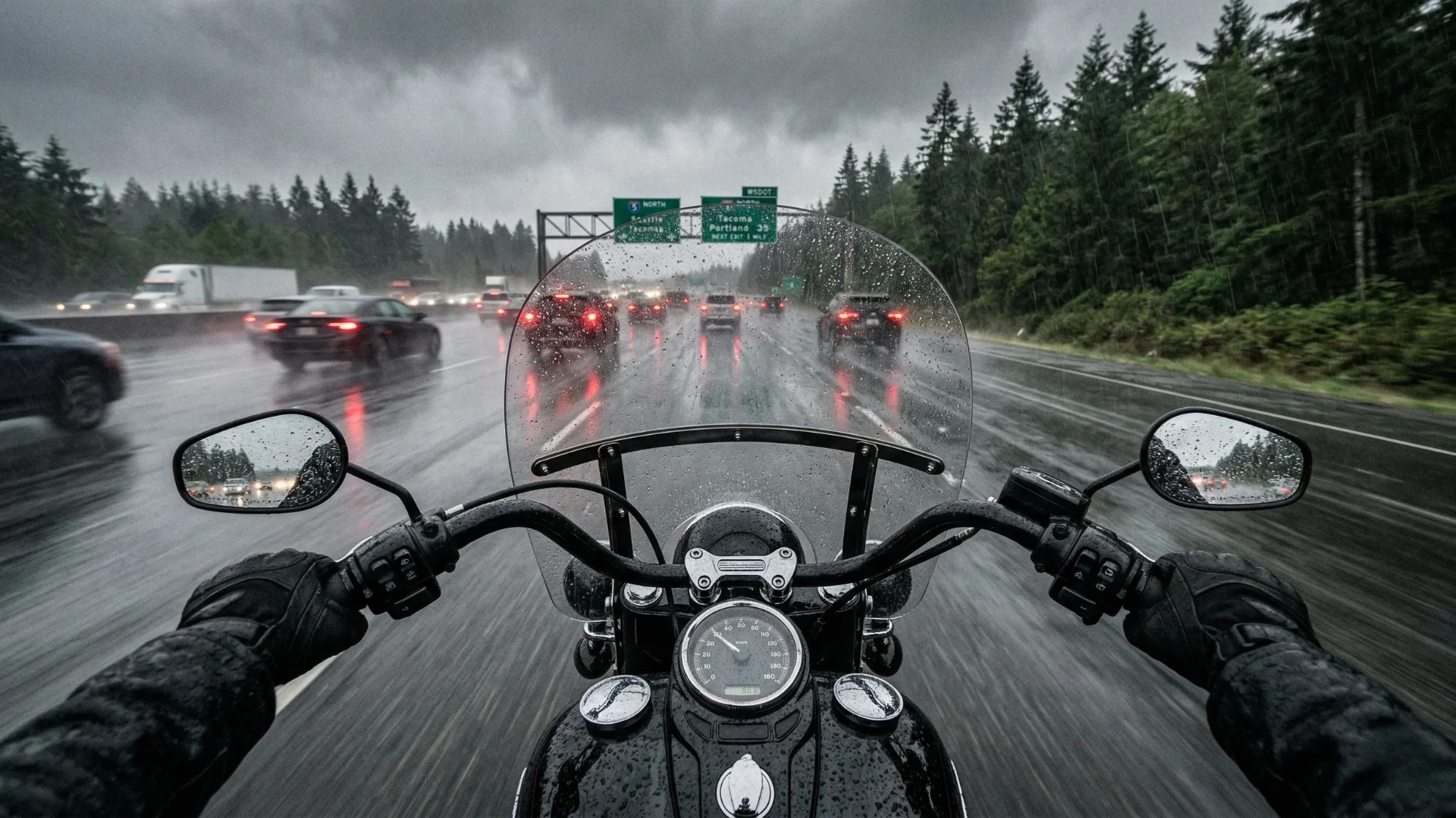 Motorcyclist riding on I-5 in Seattle area during heavy rain