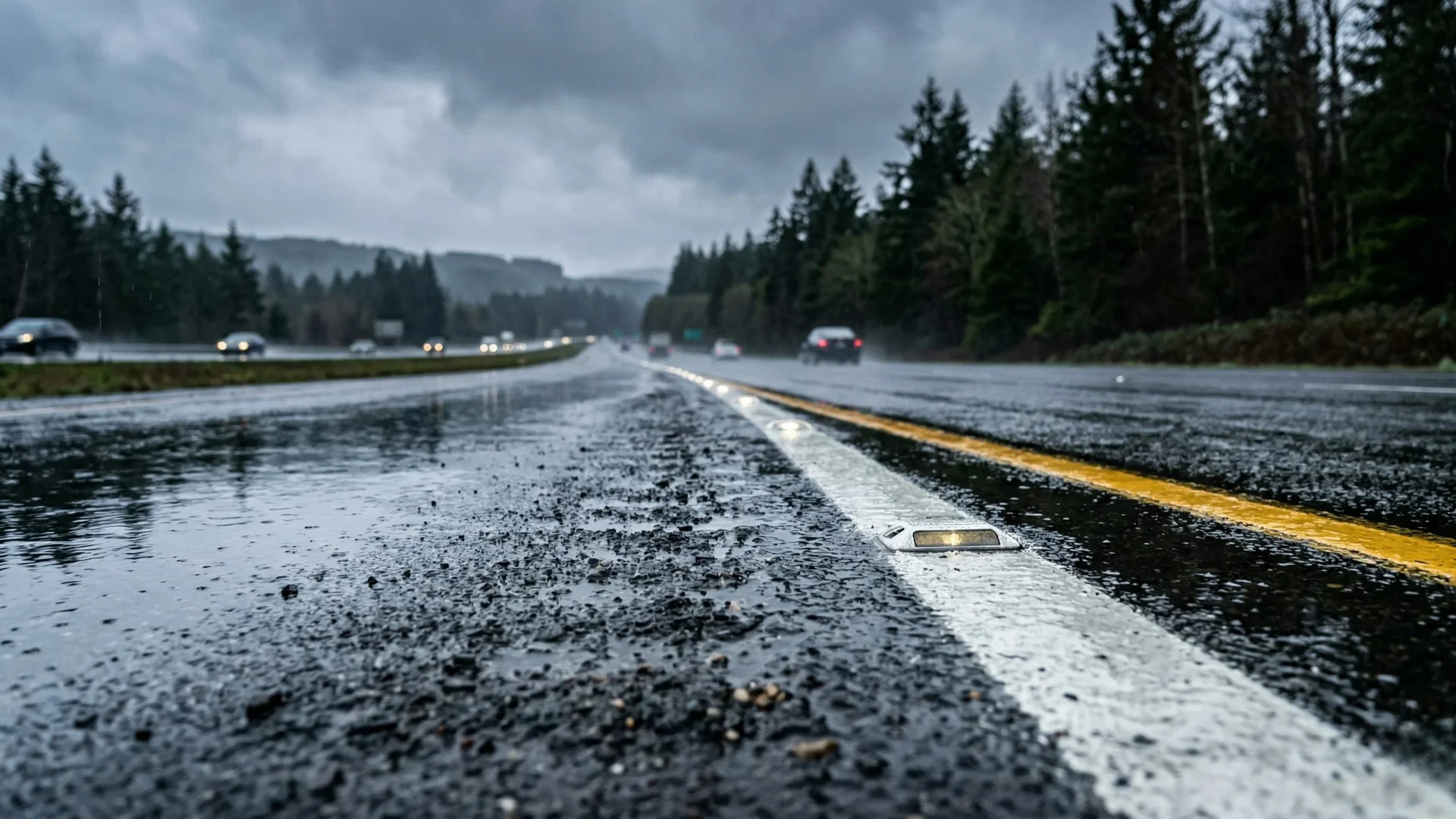 Wet road surface on Washington State Interstate 5 after rainfall