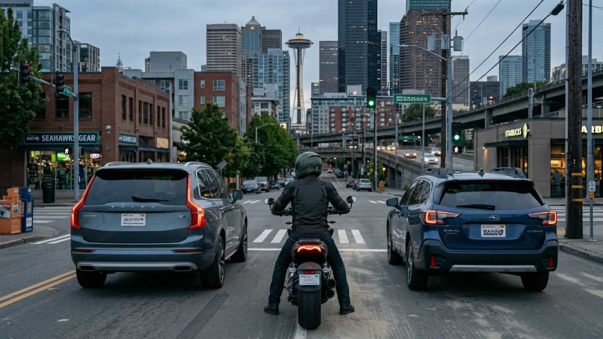 A motorcycle rider at a stoplight in between two cars near Seattle, WA