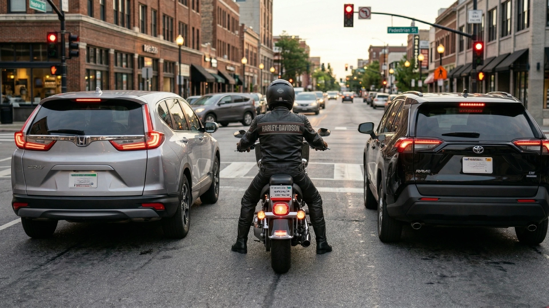 A motorcycle rider in between two cars at a stoplight in an urban city setting