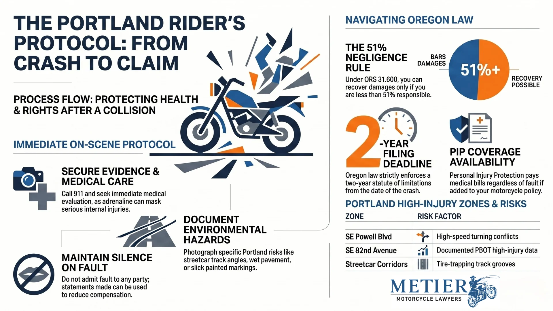 An infographic showing what to do after a motrocycle crash from Metier Motorcycle Lawers