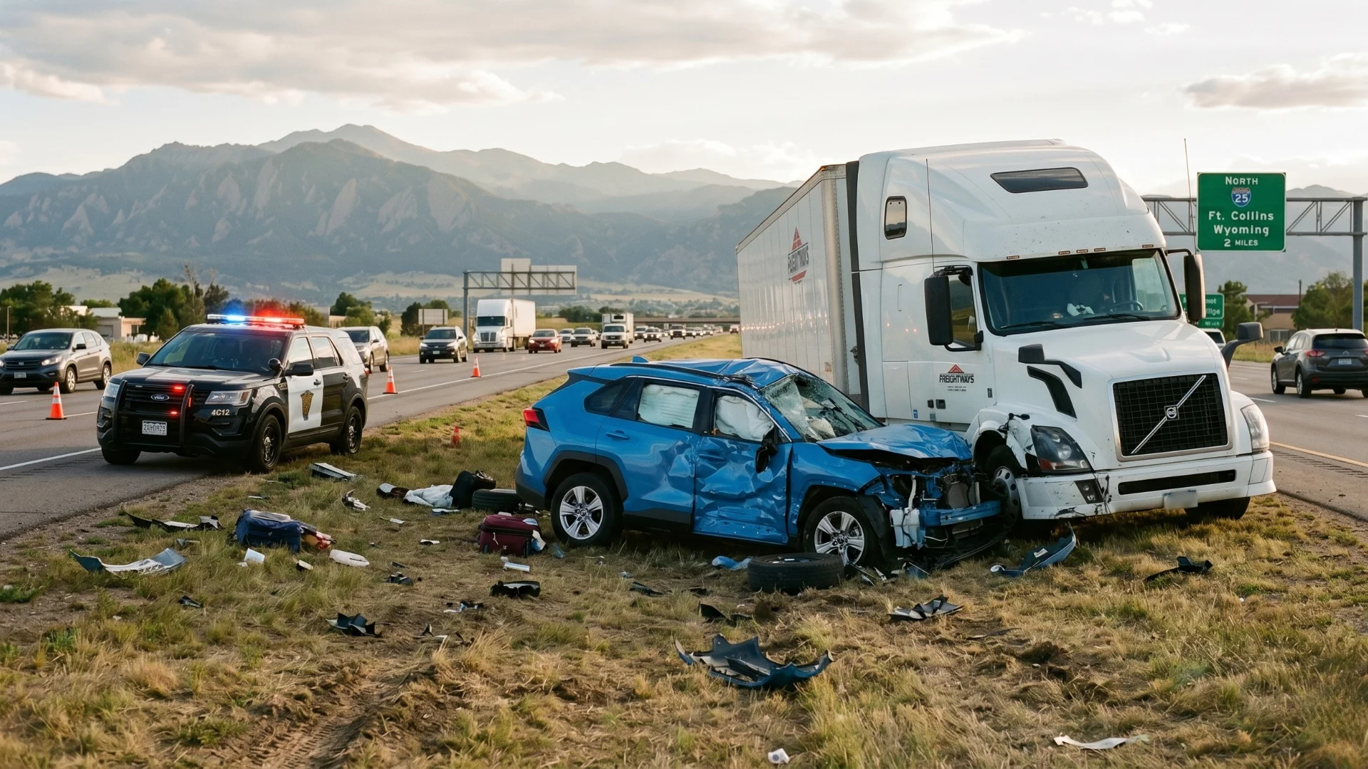 A white semi truck that has been in a crash with a blue Toyota Rav4 on Interstate 25