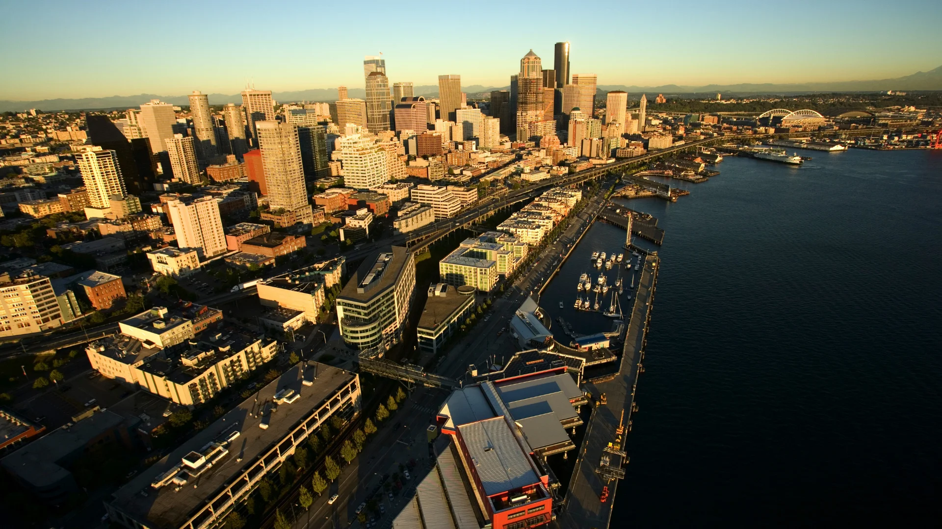 An aerial photo of the Seattle port area