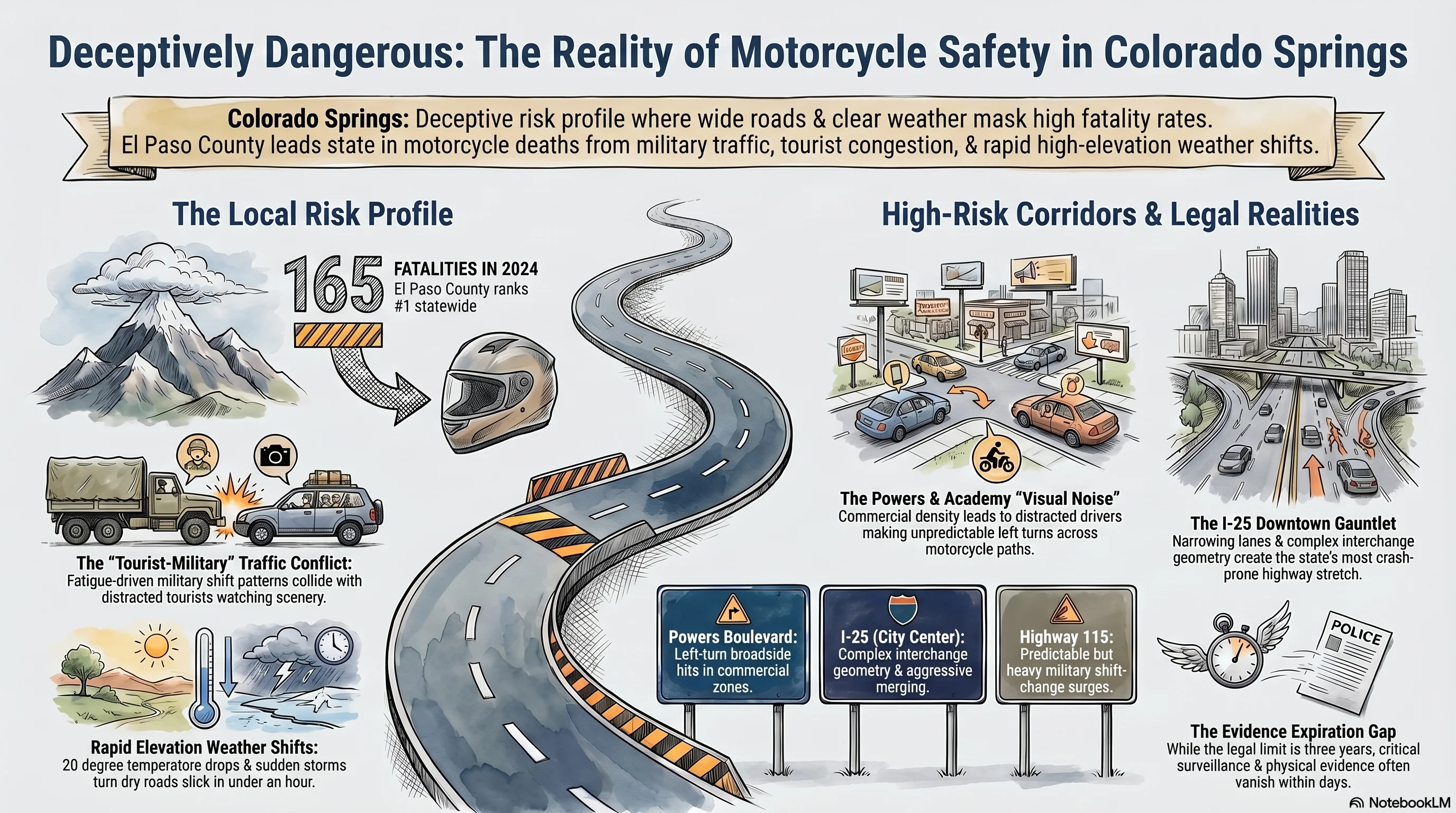 An infographic depicting the dangerous areas of Colorado Springs to ride a motorcycle in