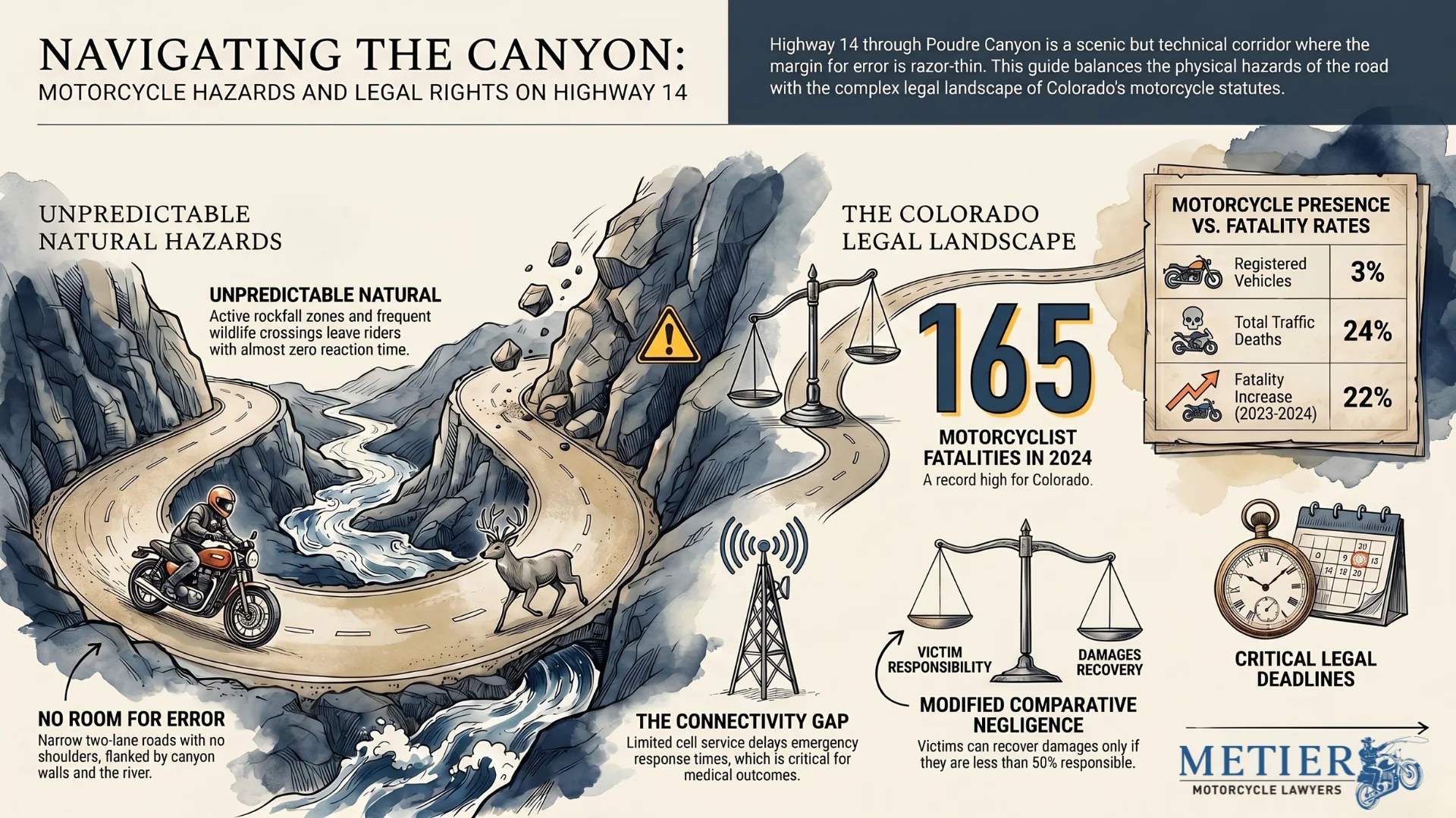 An infographic detailing the hazards of riding a motorcycle in Poudre Canyon near Fort Collins, Colorado