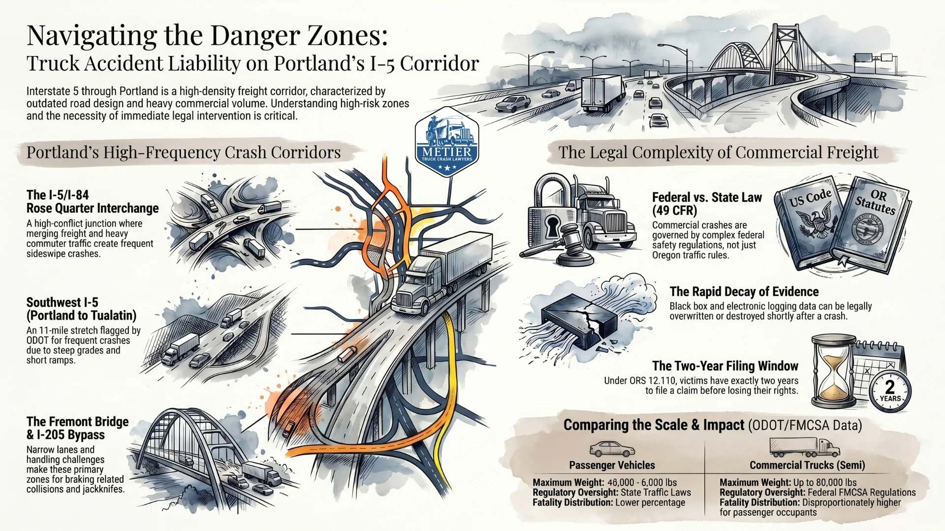 An infographic showing information about Portland, Oregon's Danger driving zones  near the I-5 corridor