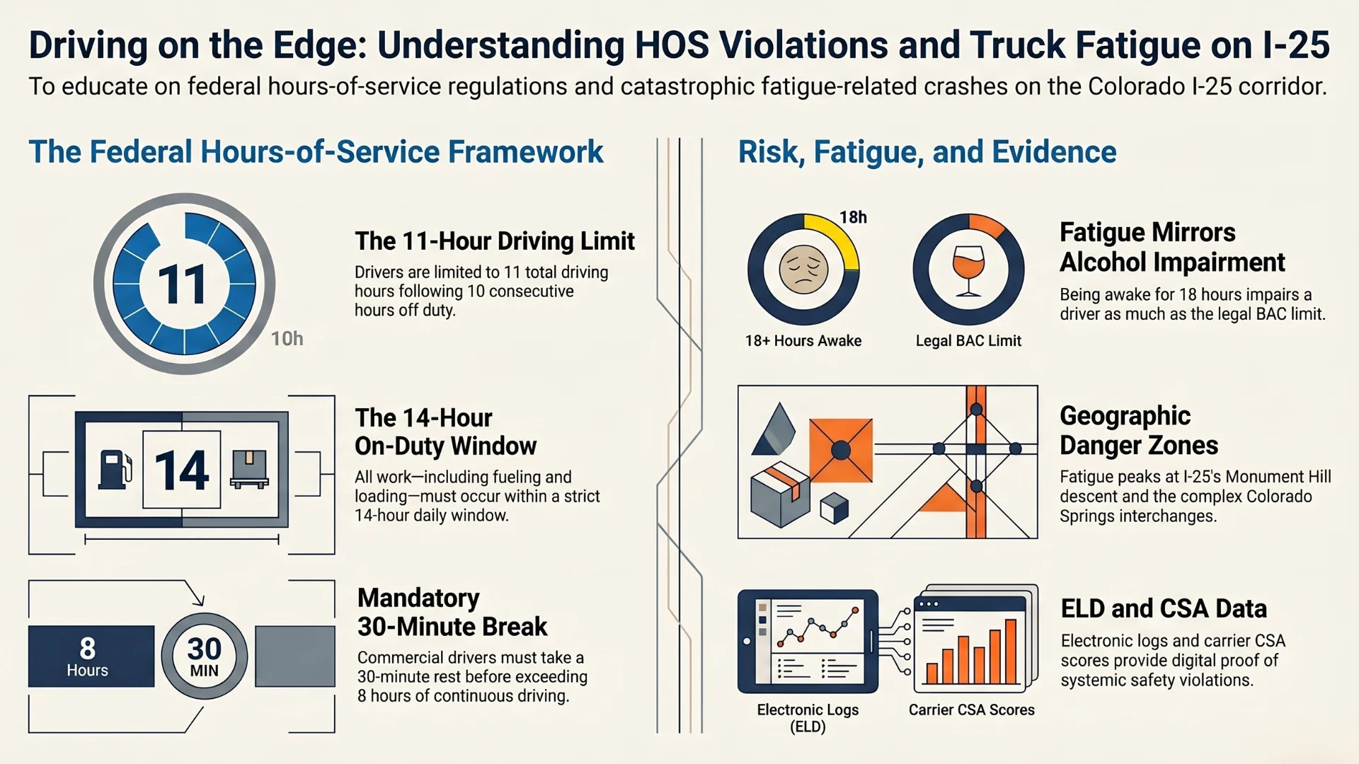 An infographic describing Hours of Service Violations and Truck Driver Fatigue