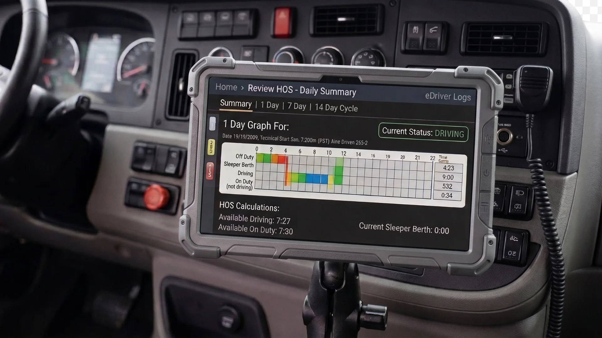 An example of what an Electronic Logging Device in a Semi Truck might look like