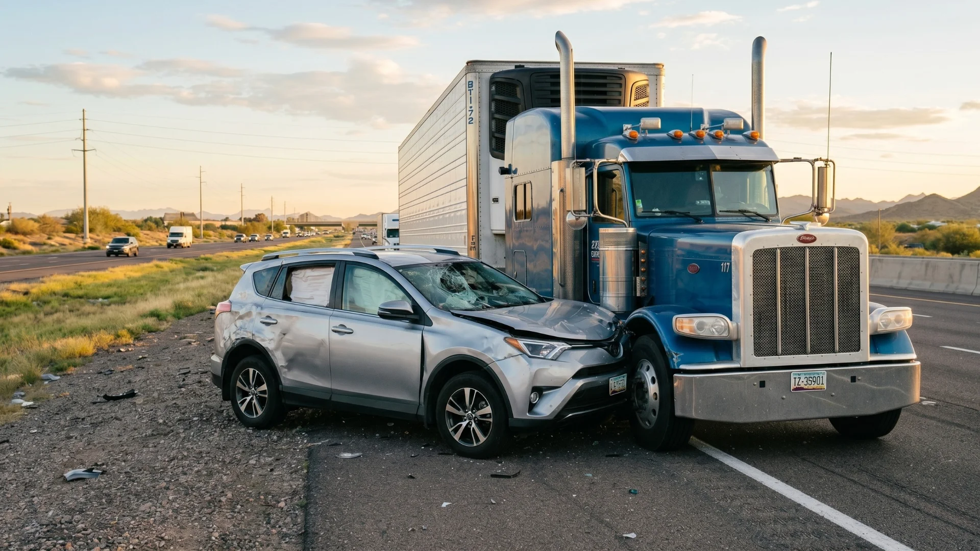 a crash with a blue semi truck hauling a white trailer and a silver SUV on the side of a freeway 
