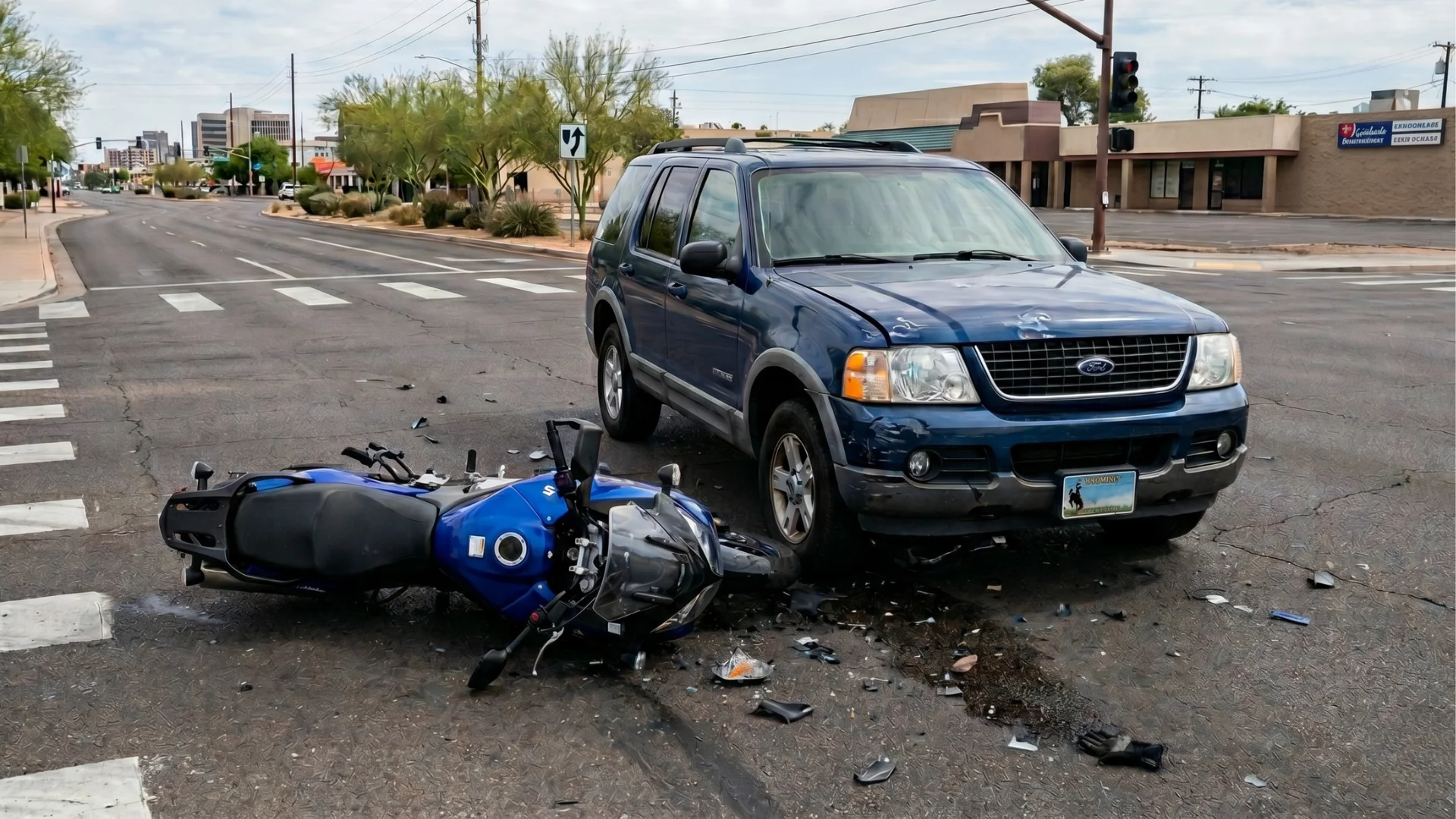 A crash involving a blue sport motorcycle and a blue Ford SUV in an intersection