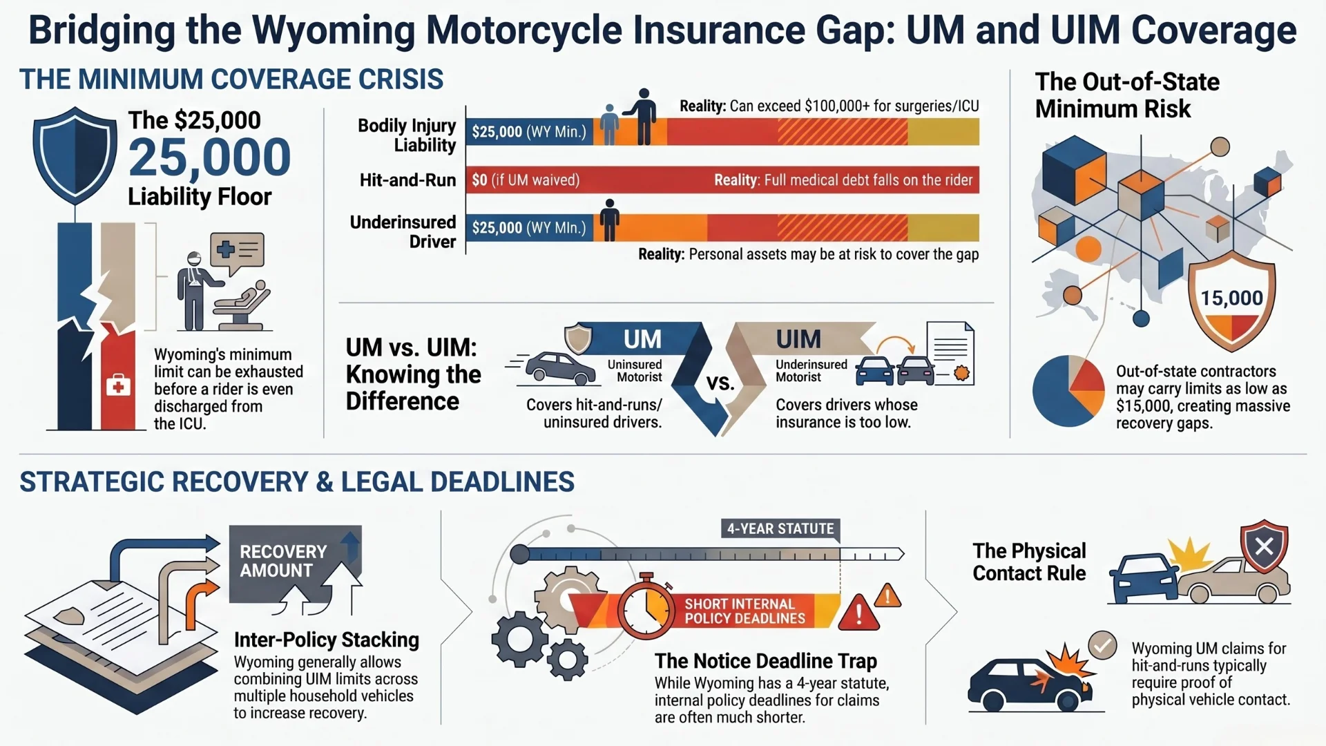 An infographic showing why having UM/UIM motorcycle insurance is helpful after a motorcycle crash