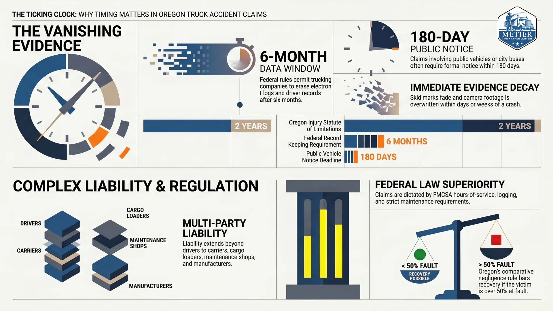 An infographic detailing why timing matters for filing an injury claim after a truck accident in Oregon