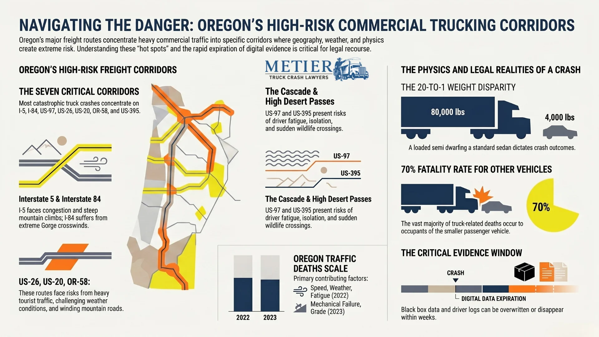 An infographic about the most dangerous roads in Oregon for commercial trucks and cars sharing the road. 