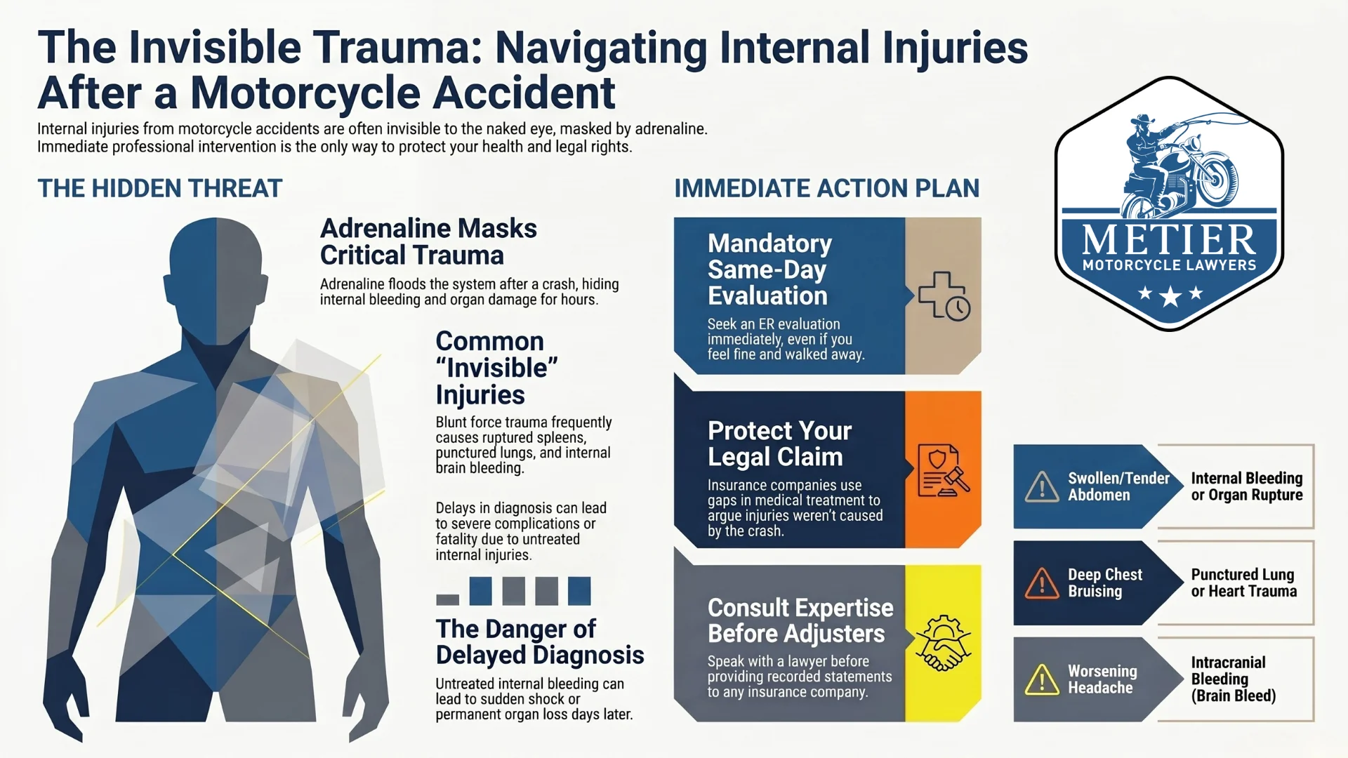 An infographic about internal injuries that can happen after a motorcycle crash