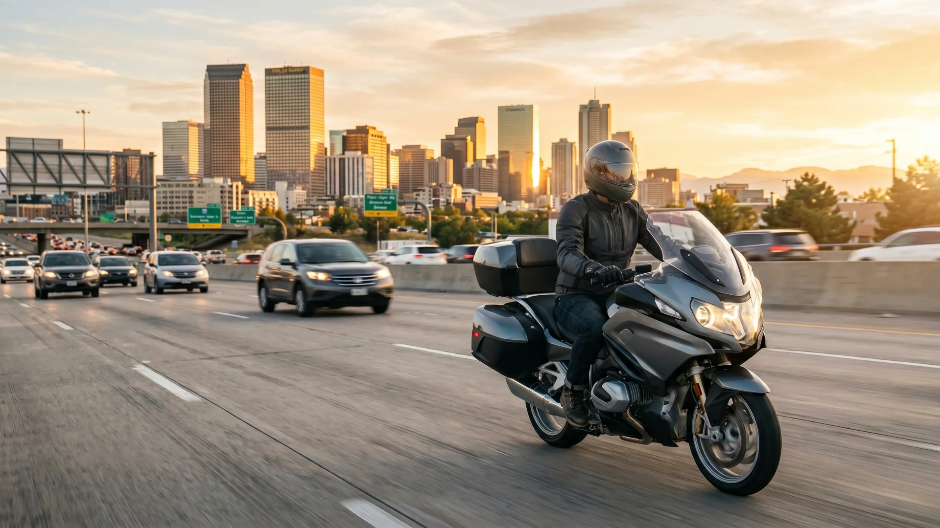 A motorcycle rider in freeway traffic in Denver