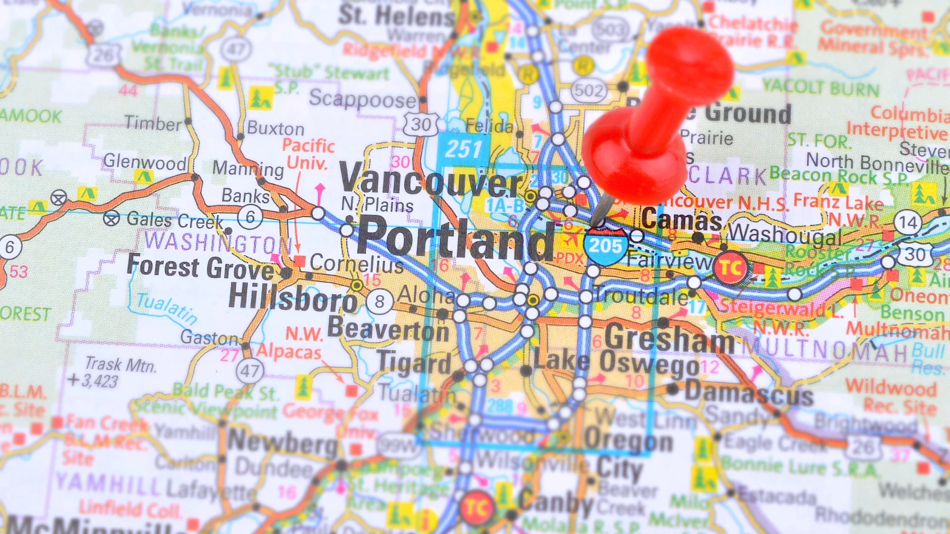 A map of the greater Portland, Oregon area with a thumbtack on it