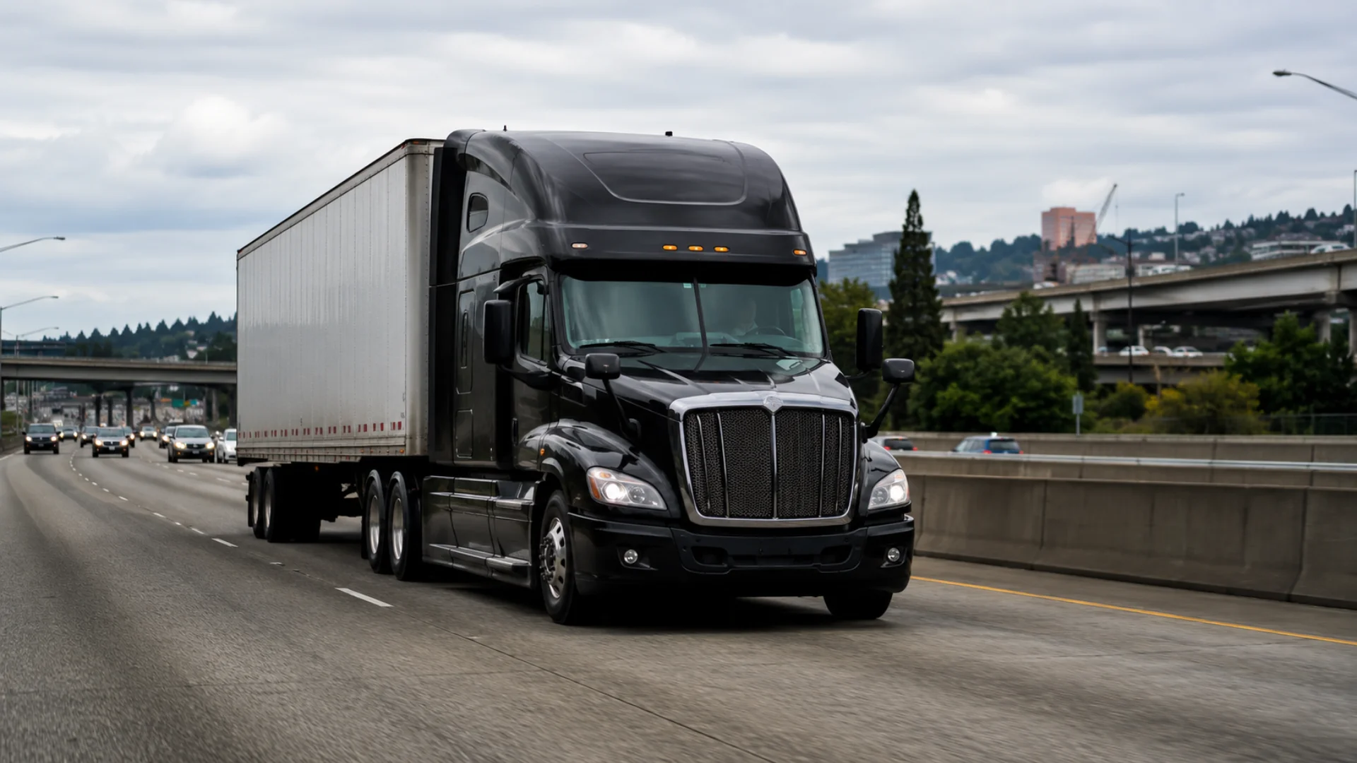 A black semi truck hauling a white trailer on a freeway in the Portland Oregon area