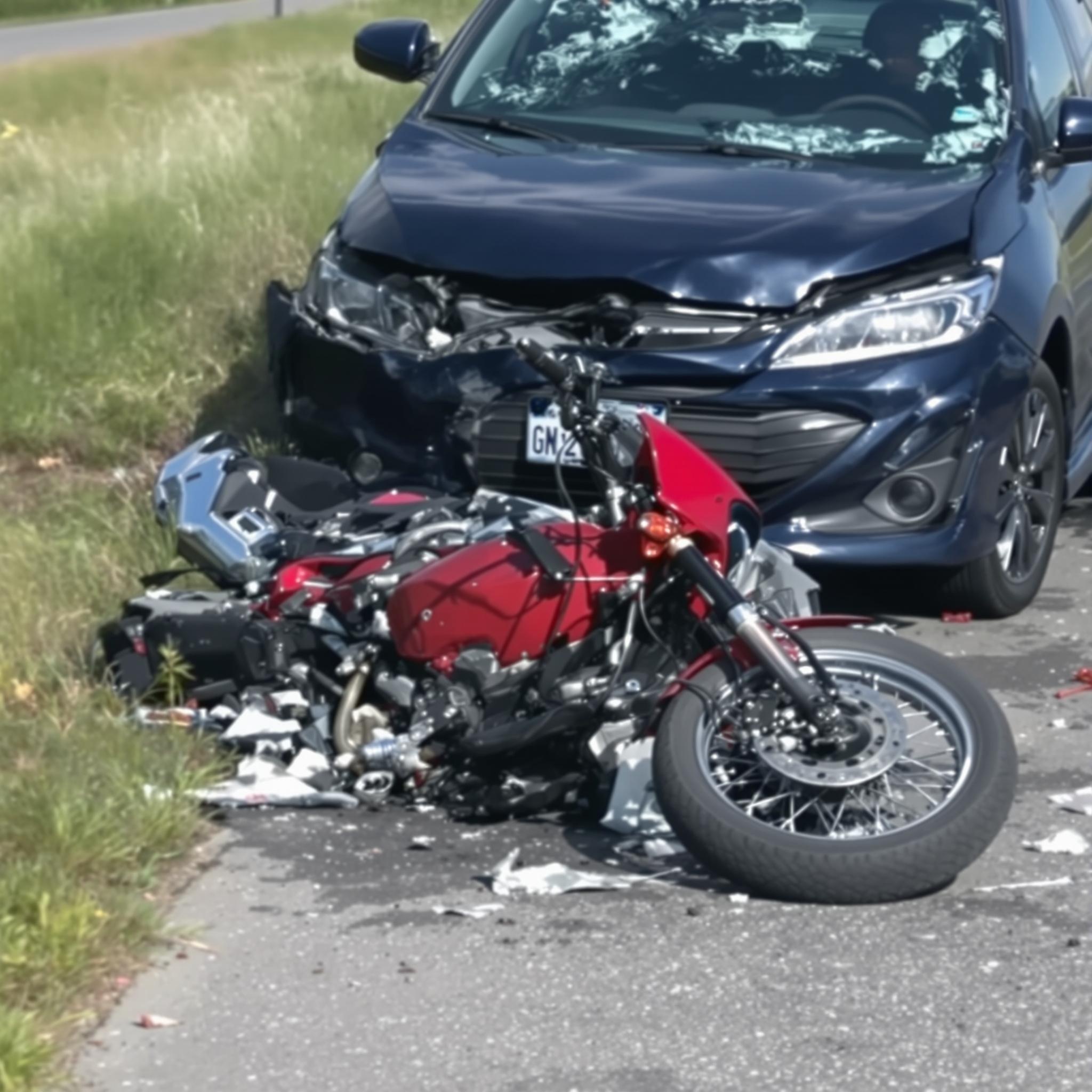 A motorcycle with severe damage that has been hit by a car