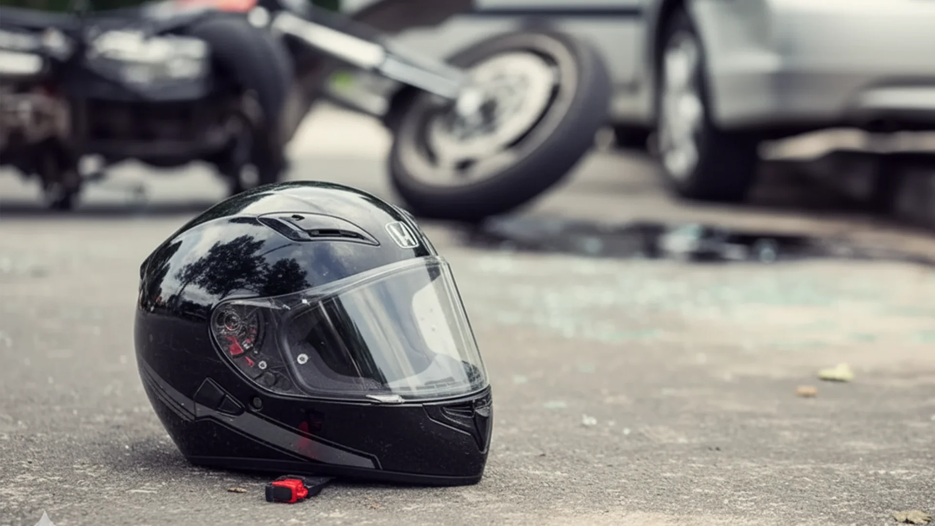 A black motorcycle helmet on the ground with a motorcycle crash in the background