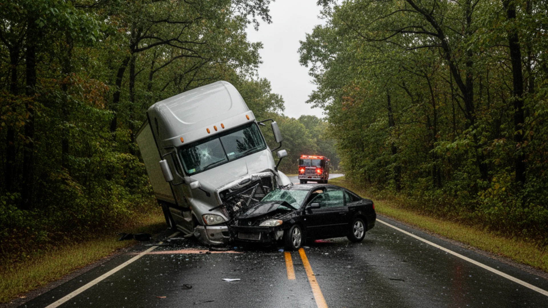 A white semi truck that's been in a crash with a black passenger car on a rural forest road