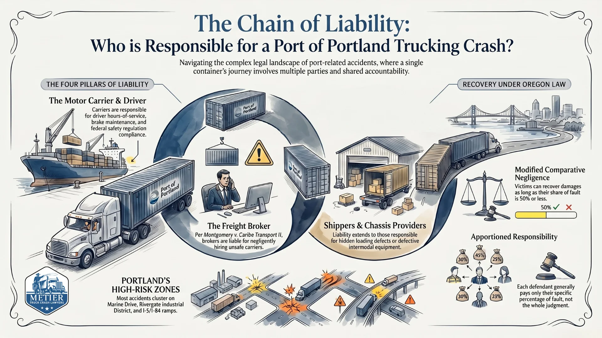 An infographic explaining the chain of liability for Portland area port trucking crashes