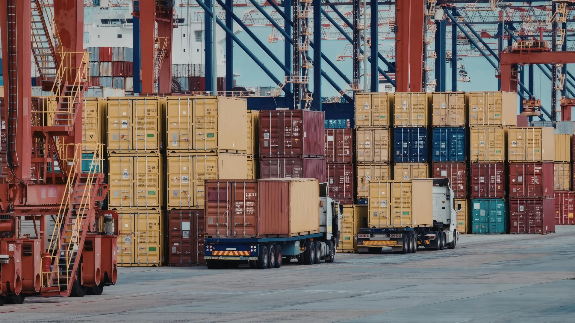 Semi trucks in a port dock getting loaded up with containers