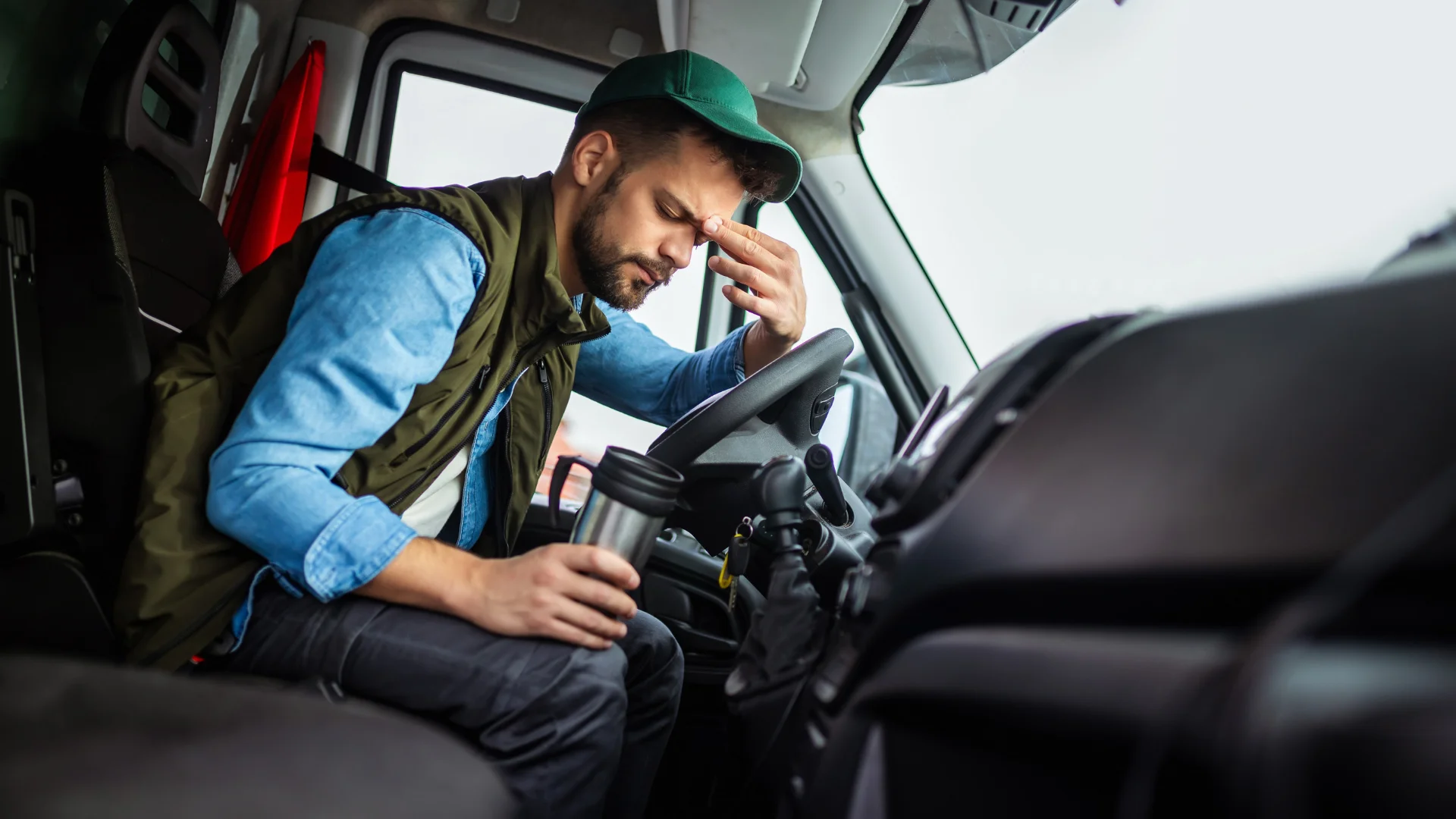 A fatigued male truck driver in the cab of a semi truck