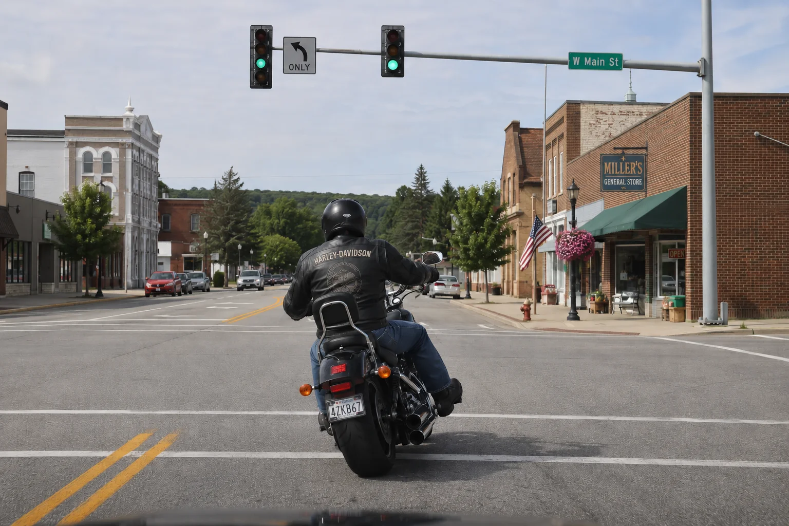 A motorcyclist on a Harley Davidson motorcycle turning left at an intersection