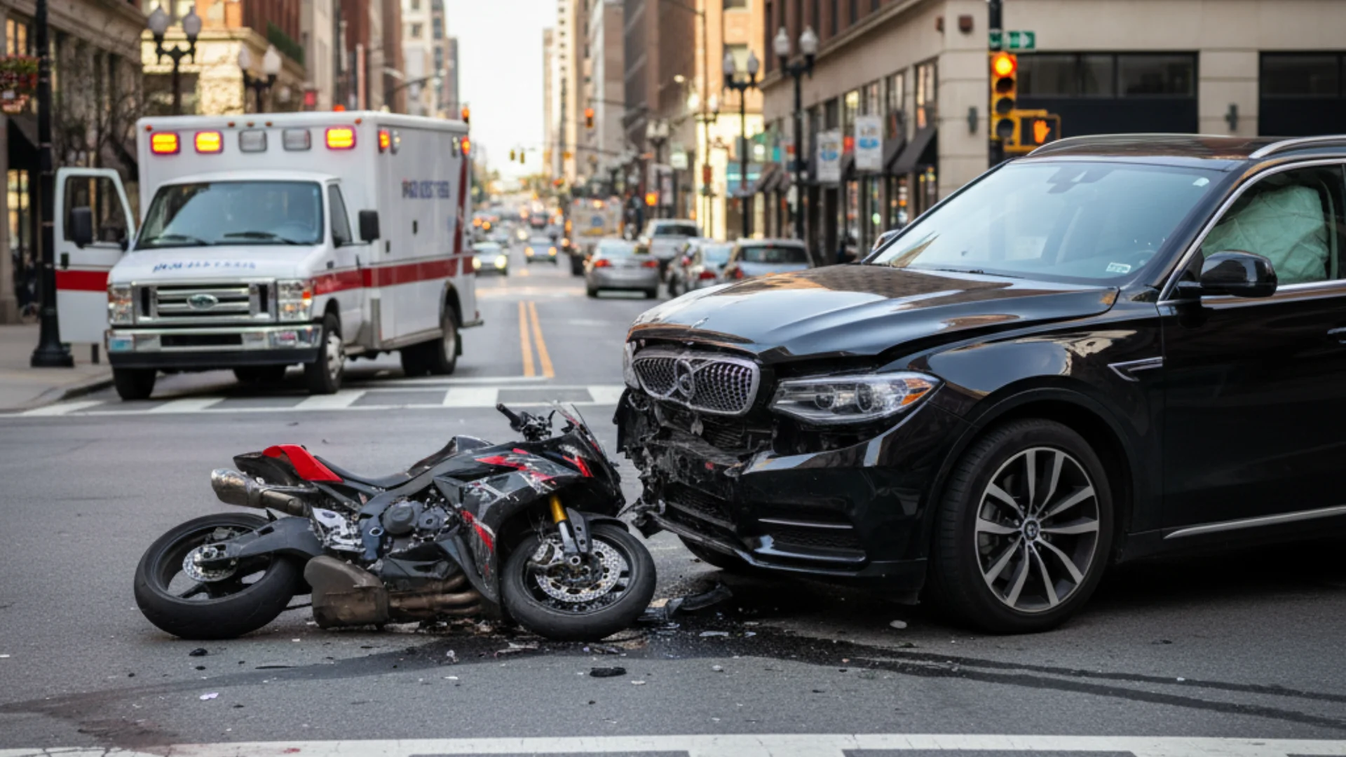 A motorcycle that has been hit by a black SUV in the middle of an urban intersection with an ambulance in the backgroundb