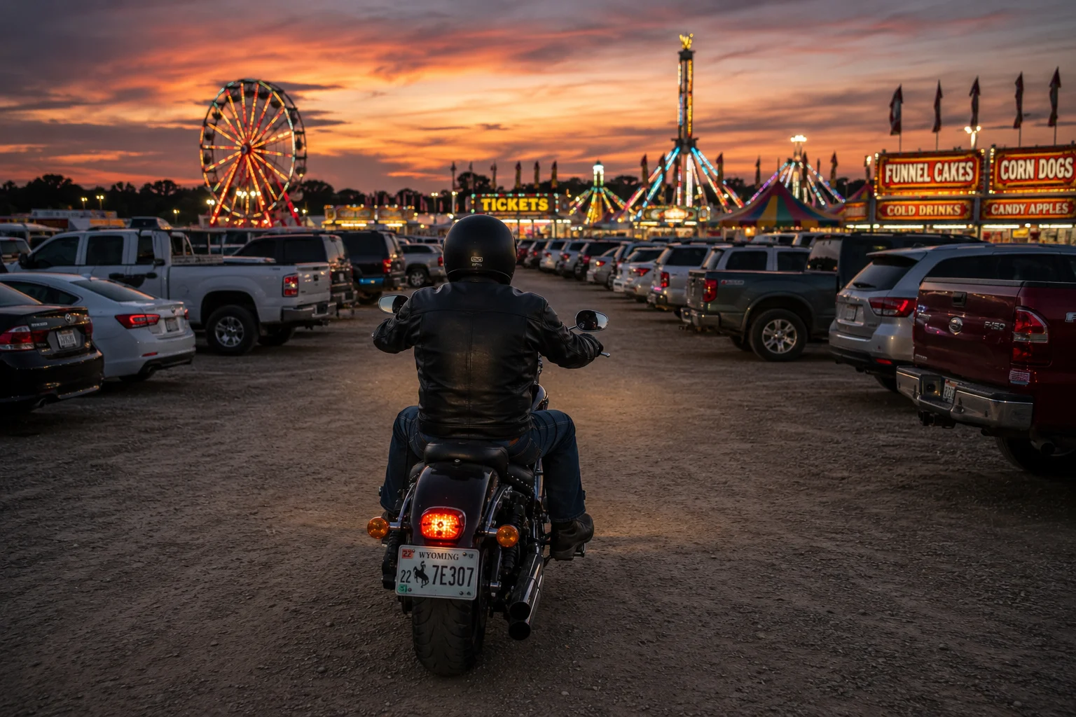 A motorcycle rider in a dirt parking lot with a carnival atmosphere in the background