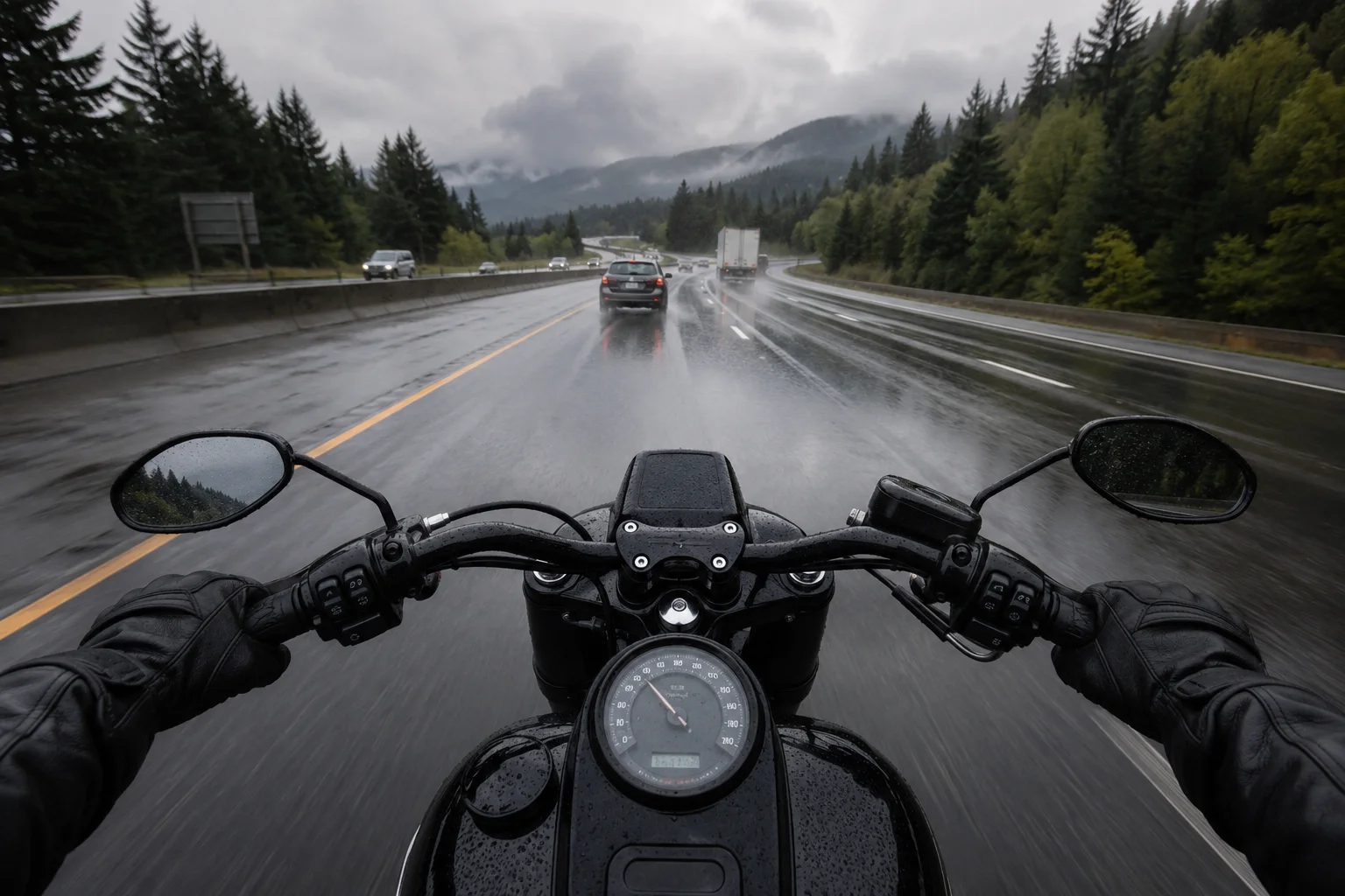 A motorcycle rider in the rain on a forest highway