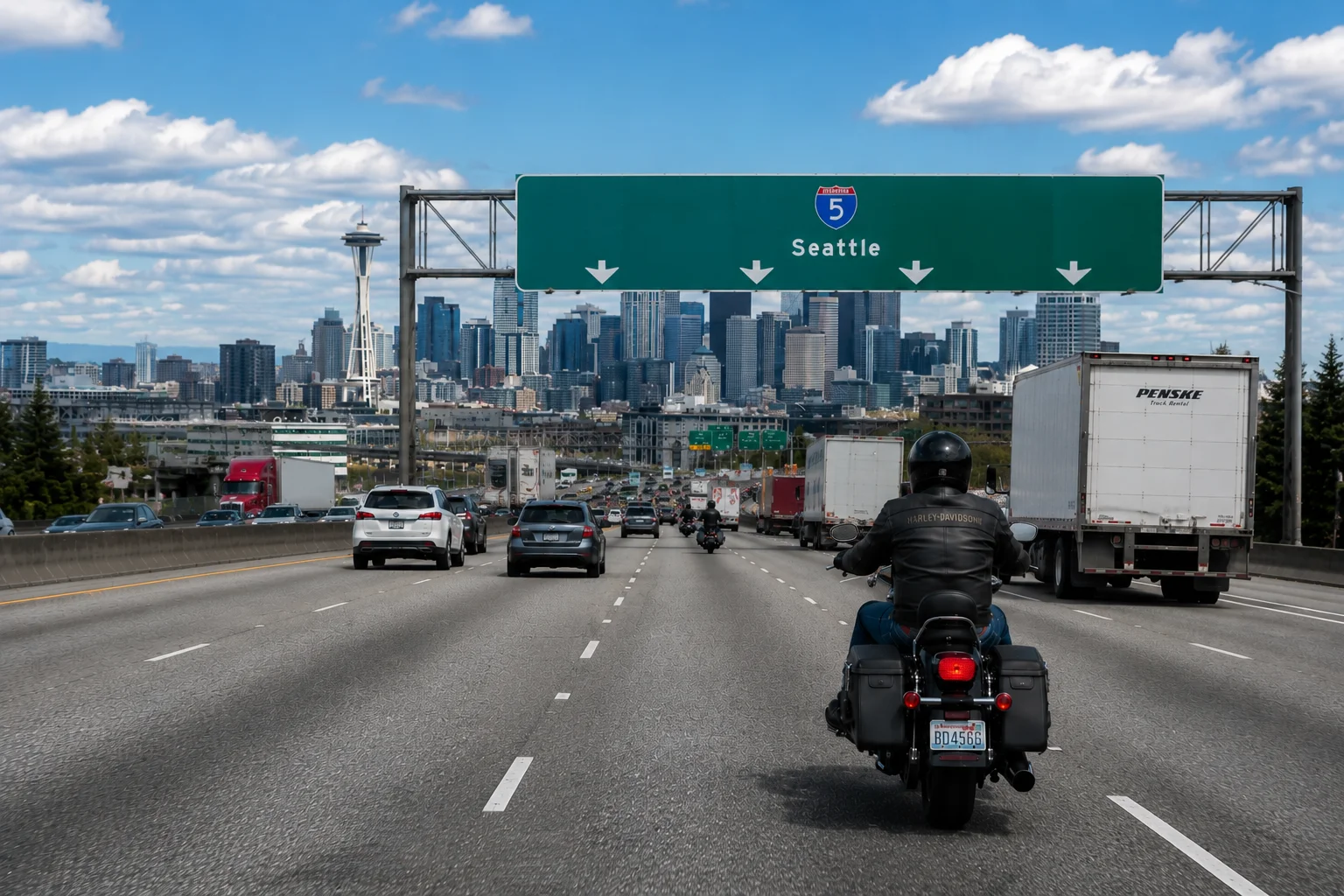 A motorcycle rider on Interstate 5 riding in traffic at midday