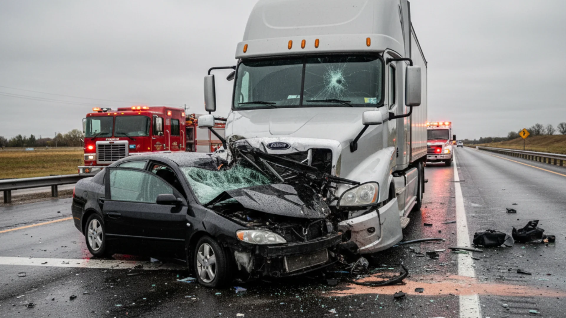 A crash where a white semi truck hauling a trailer has hit a black car on a highway