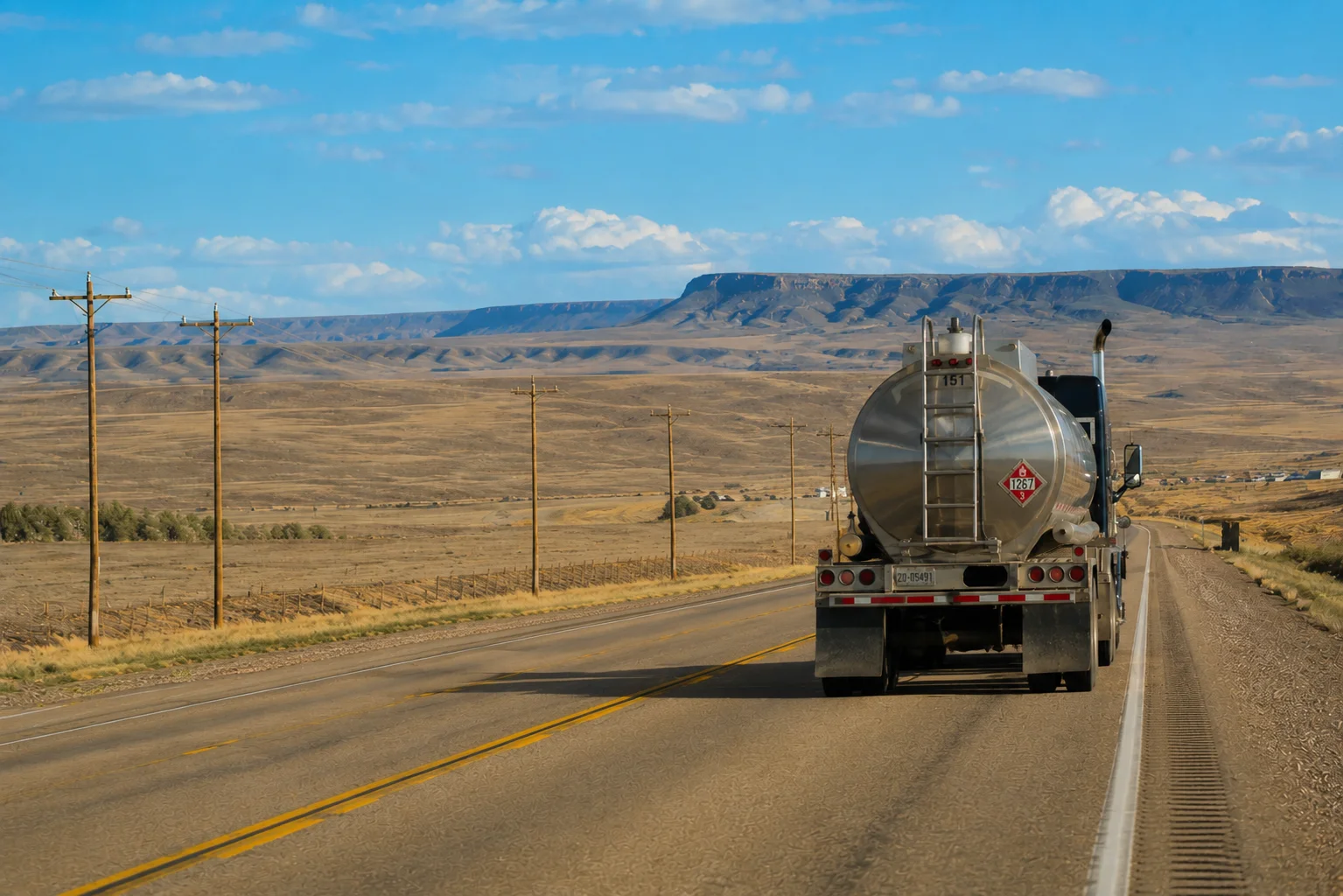 A semi truck hauling a tanker trailer on a Wyoming highway
