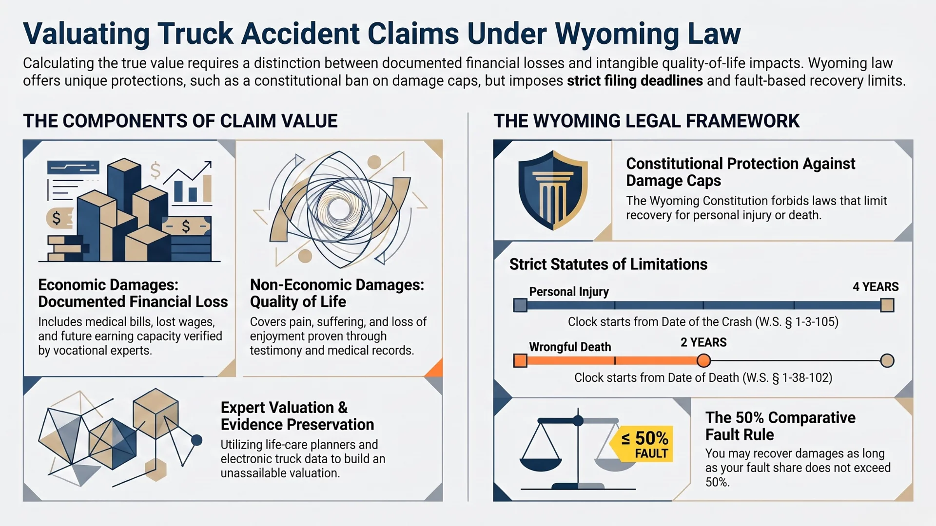 An infographic explaining how the valuation of truck accident claims in Wyoming works
