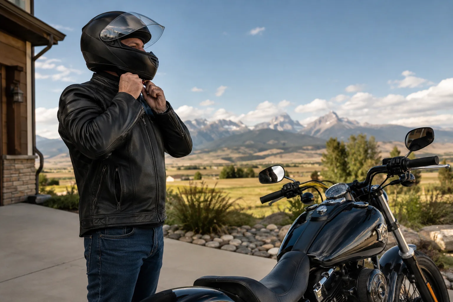 Colorado motorcycle rider putting on a helmet in their driveway next to a black motorcycle