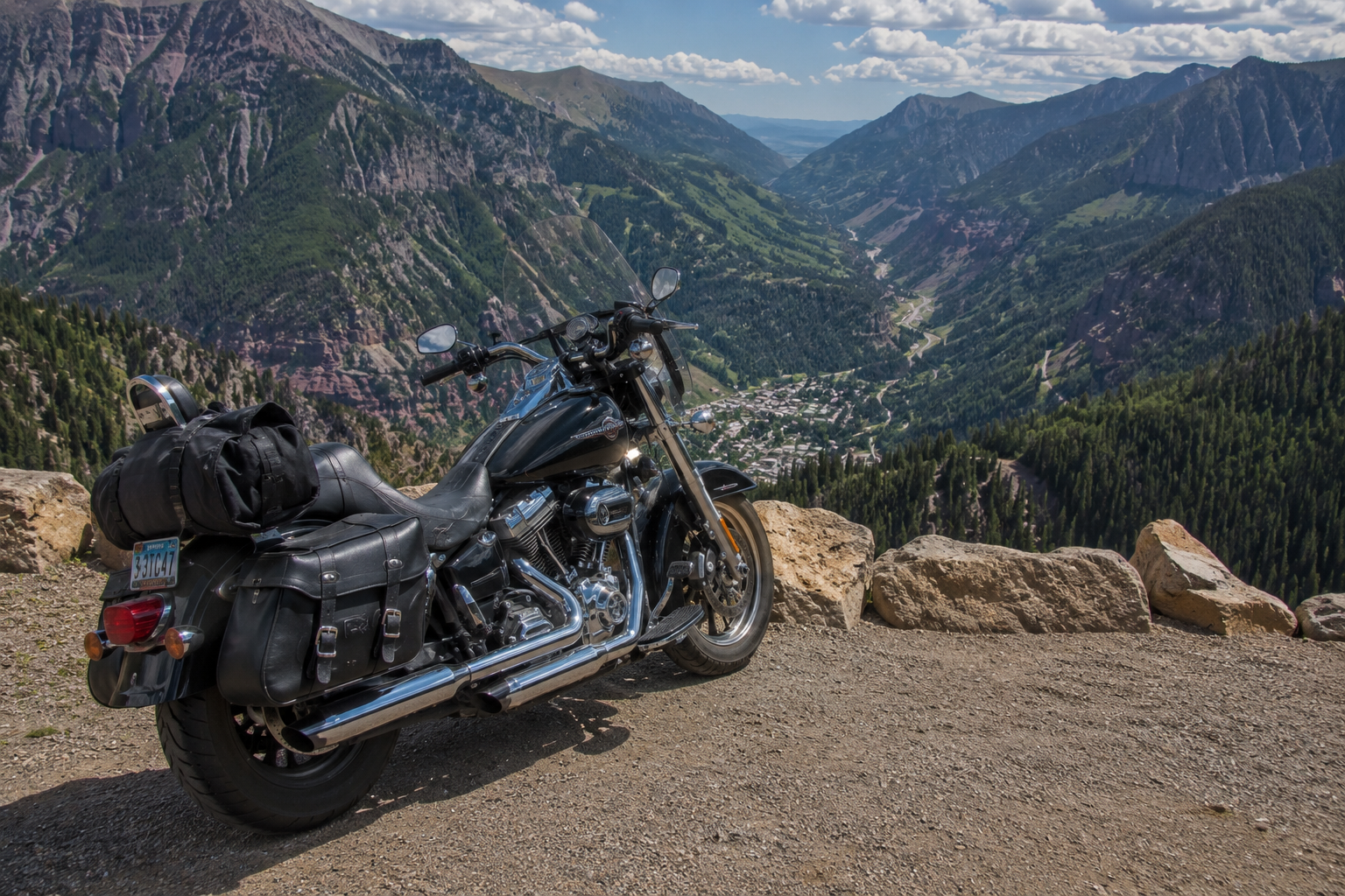 Motorcycle parked at a Million Dollar Highway overlook on US 550 in Colorado