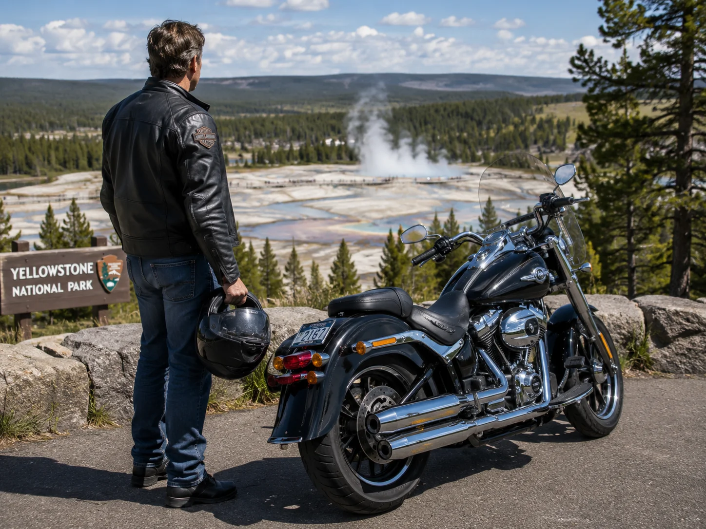 A motorcycle rider standing next to their motorcycle, holding a helmet, at an overlook in Yellowstone National Park