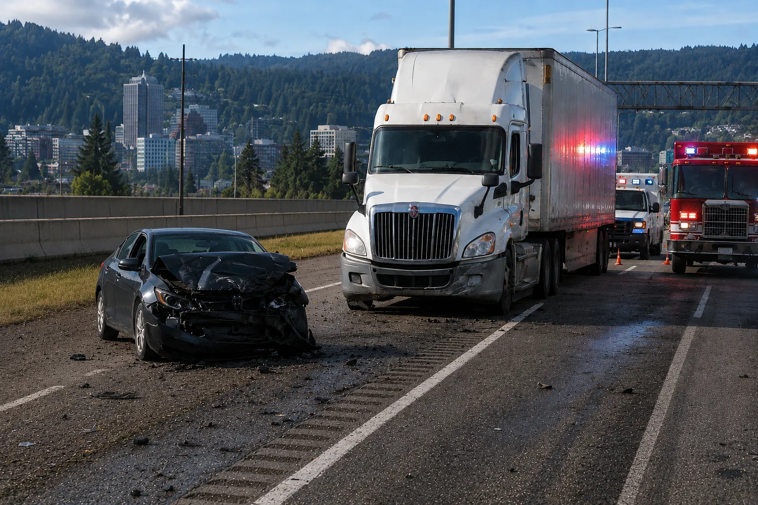A black car that has been in a crash with a white semi truck near Portland Oregon